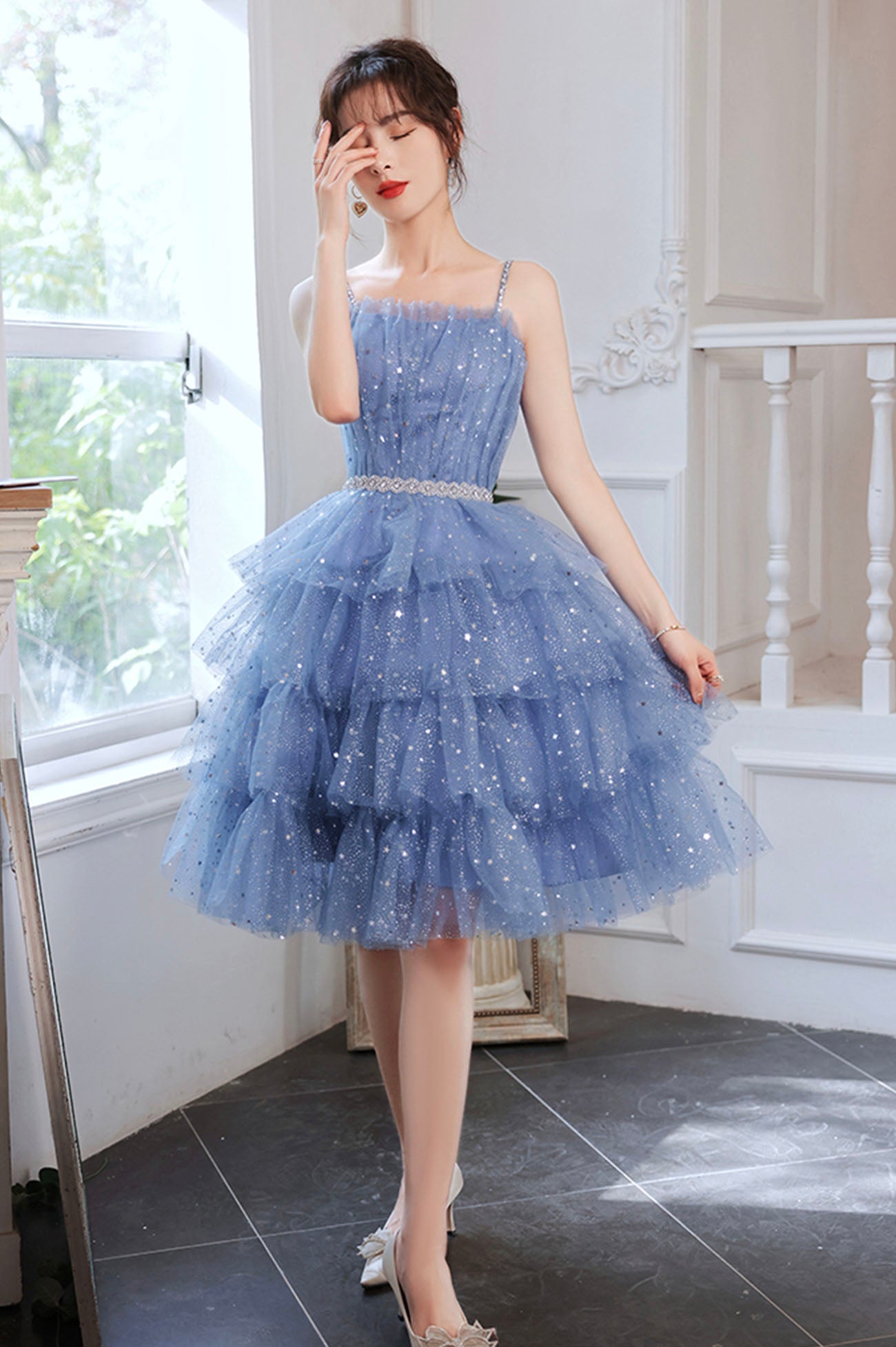 cute blue prom dresses Spaghetti Strap Tulle Short Prom Dress, Cute Blue Homecoming Party Dre