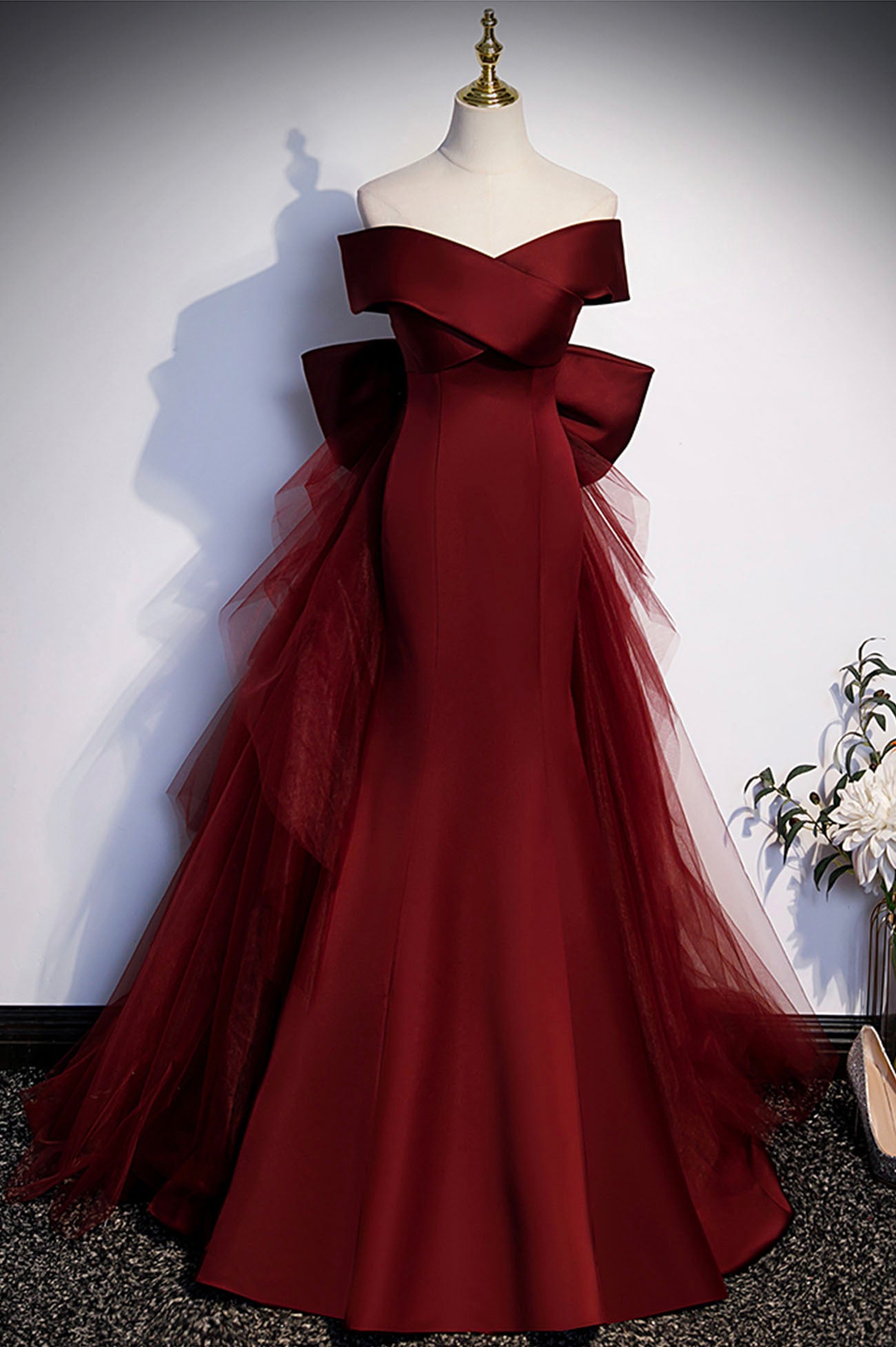 Burgundy Mermaid Long Prom Dress, Off the Shoulder V-Neck Formal Eveni Burgundy Mermaid Long Prom Dress, Off the Shoulder V-Neck Formal Eveni