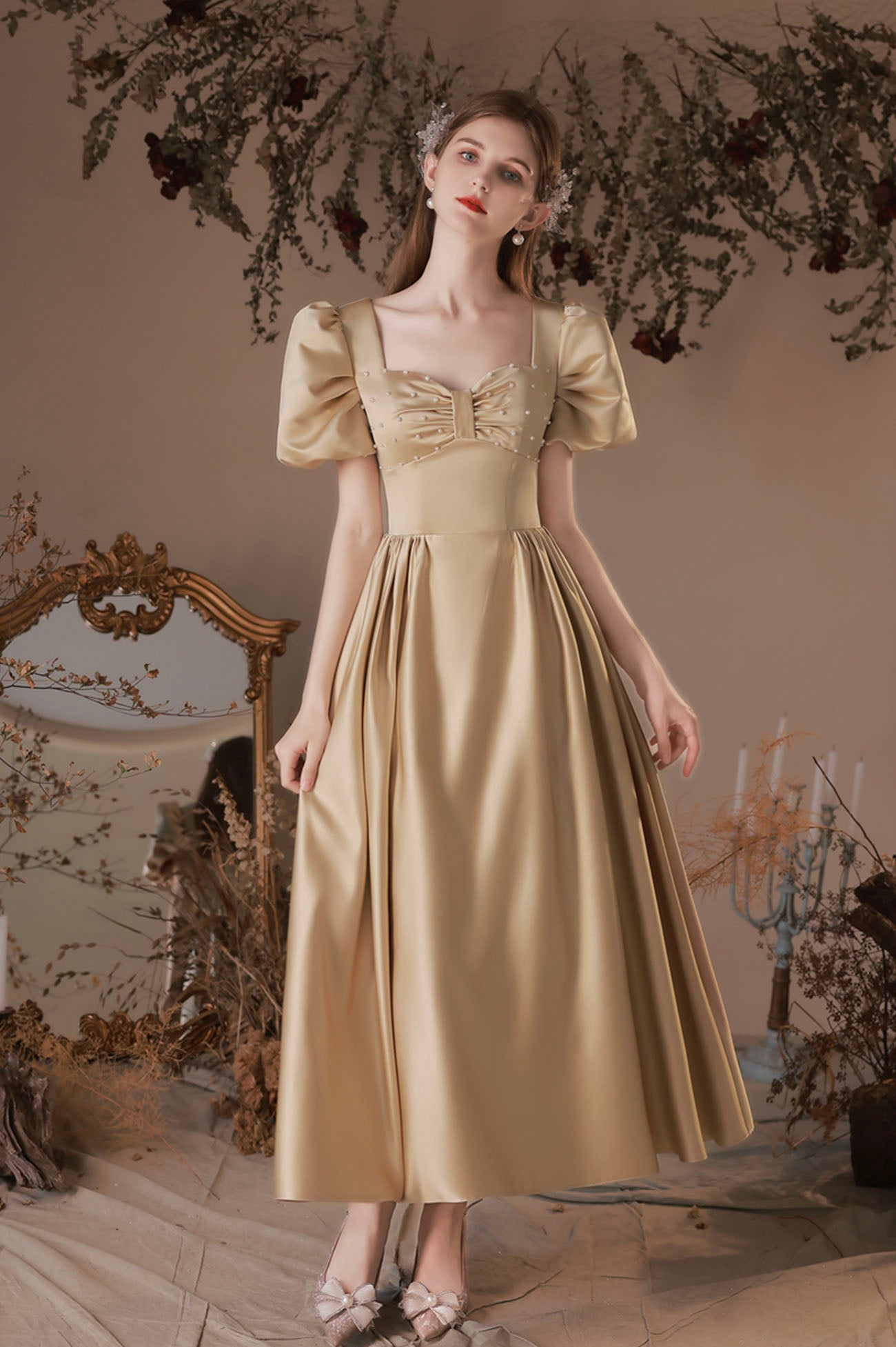 green emerald velvet dress Beige Short Dress With O-Ring Front And Long Sleeves main image 0