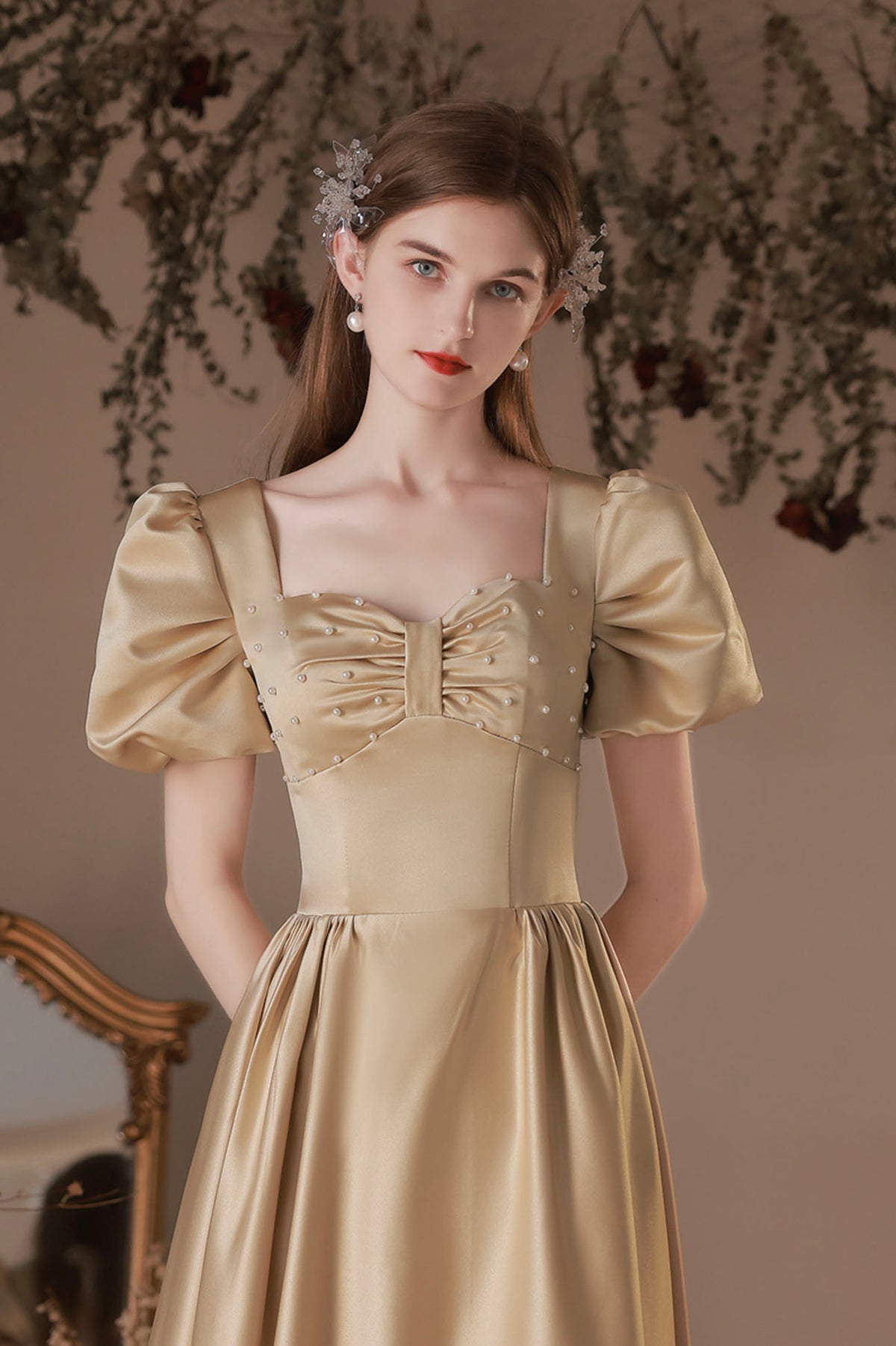 Beautiful Satin Short Prom Dress, A-Line Short Sleeve Homecoming Party Dress