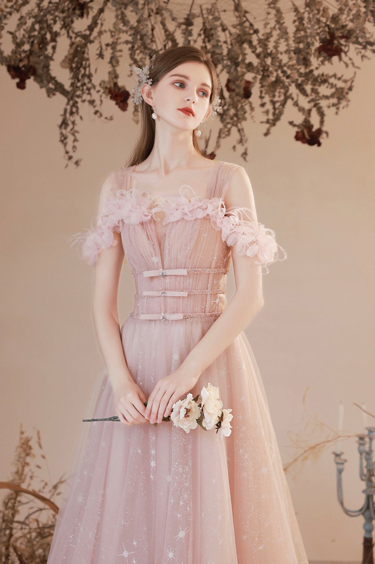 Pink Off the Shoulder Tulle Prom Dress, Pink Long Formal Dress
