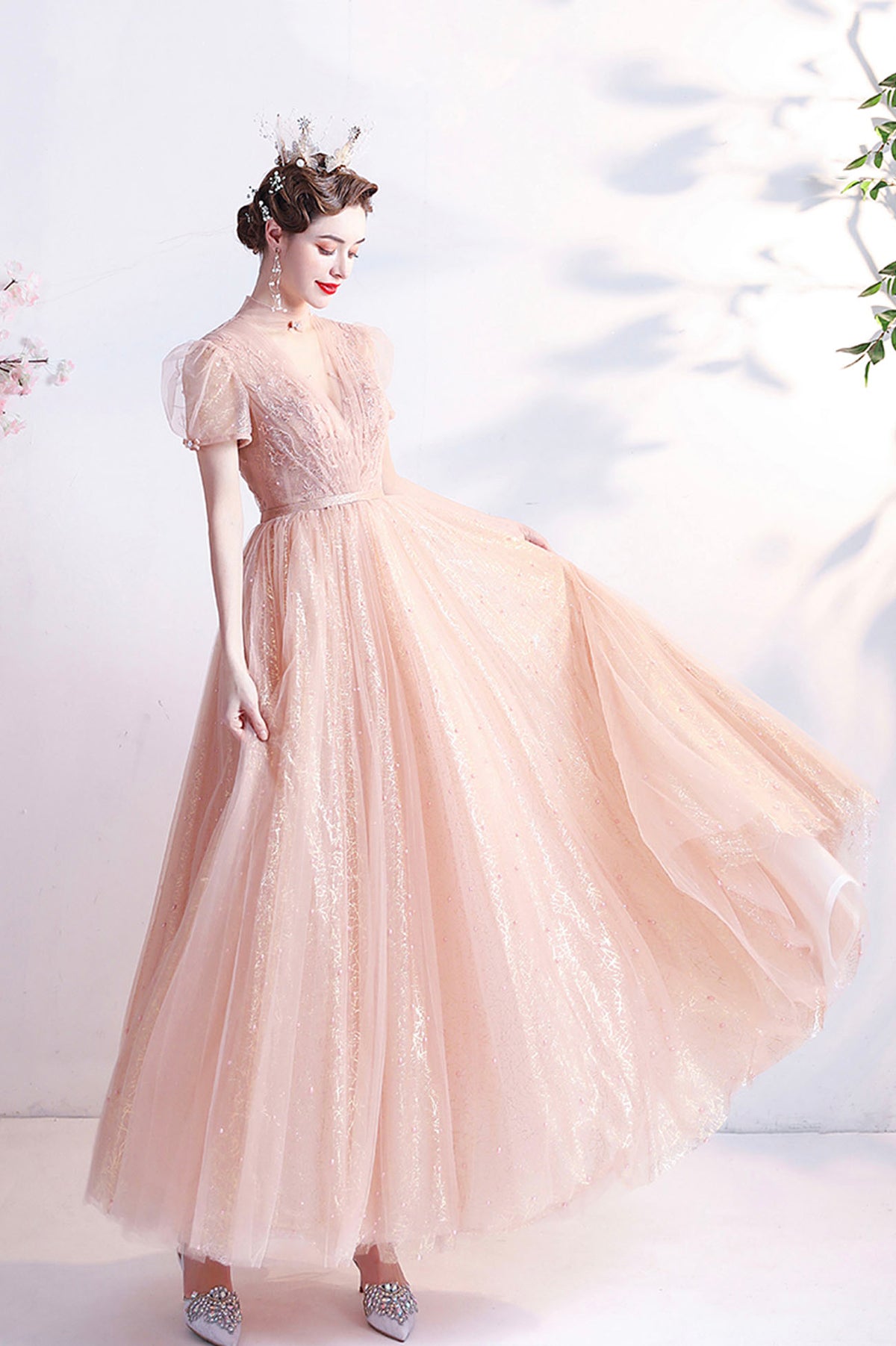 Pink Tulle Beaded Tea Length Prom Dress, A-Line Evening Party Dress