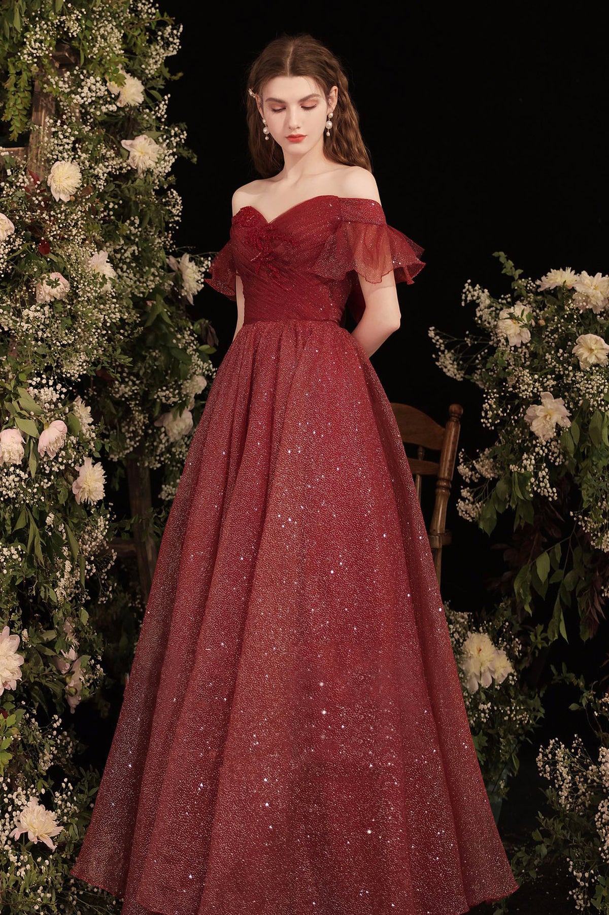 Burgundy Shiny Tulle Long Prom Dress, Burgundy Evening Party Dress