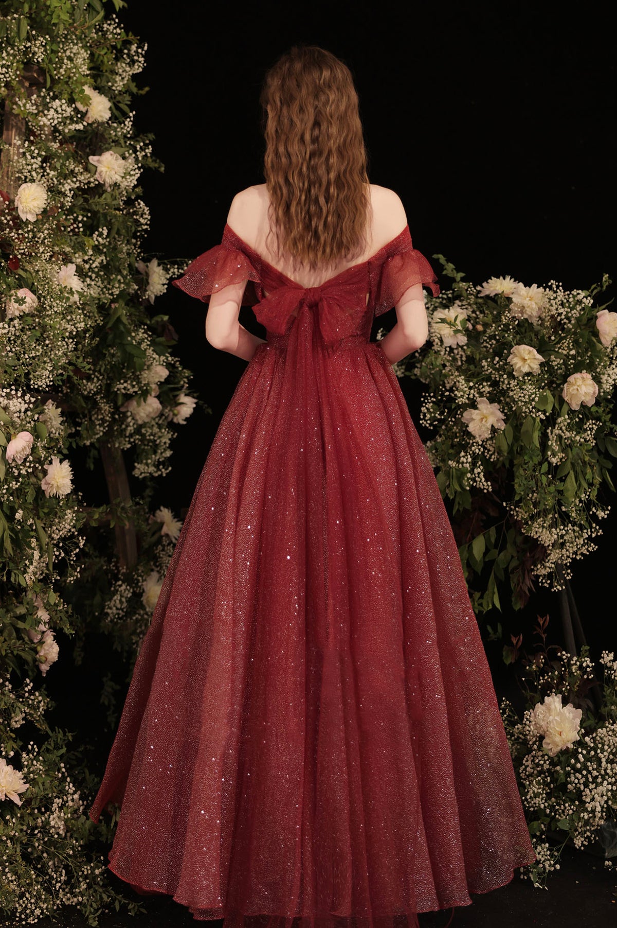 Burgundy Shiny Tulle Long Prom Dress, Burgundy Evening Party Dress