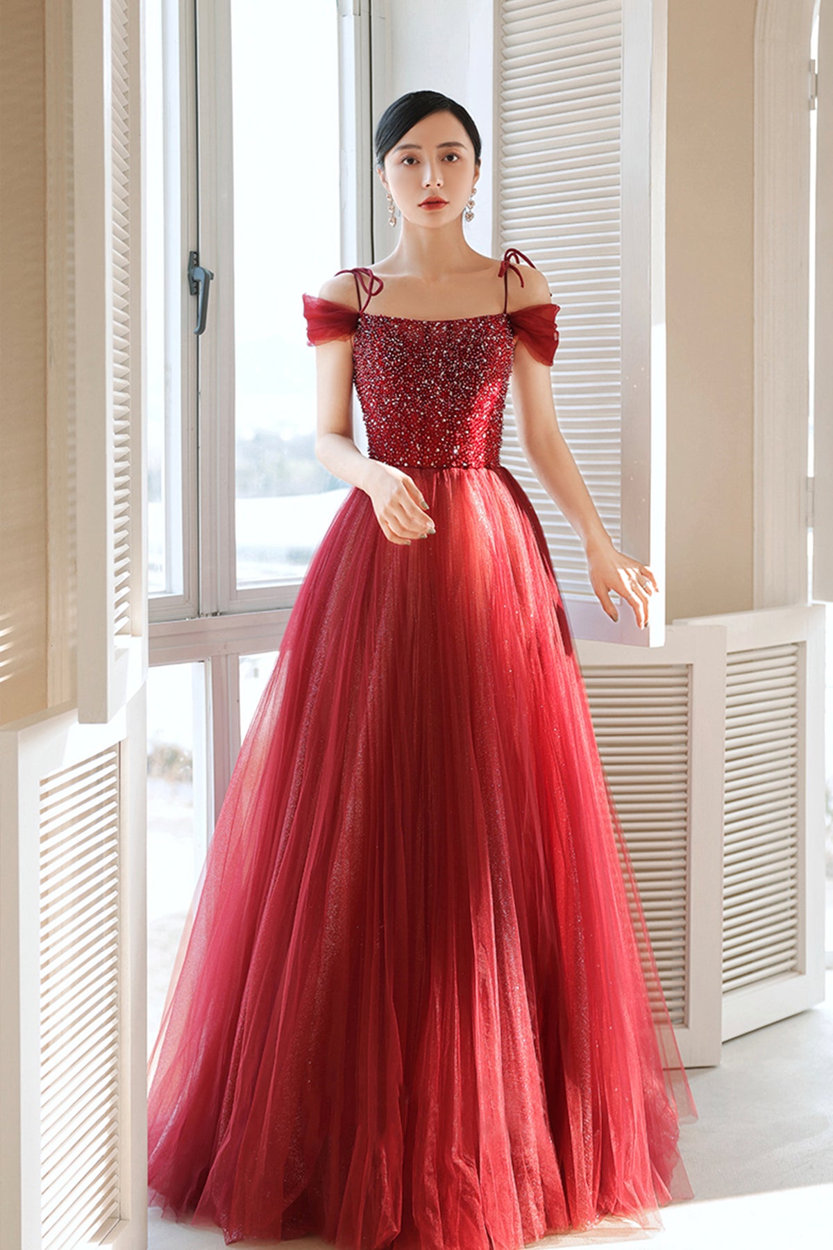 Burgundy Tulle Beaded Long Formal Dress, Spaghetti Straps A-line Prom Dress