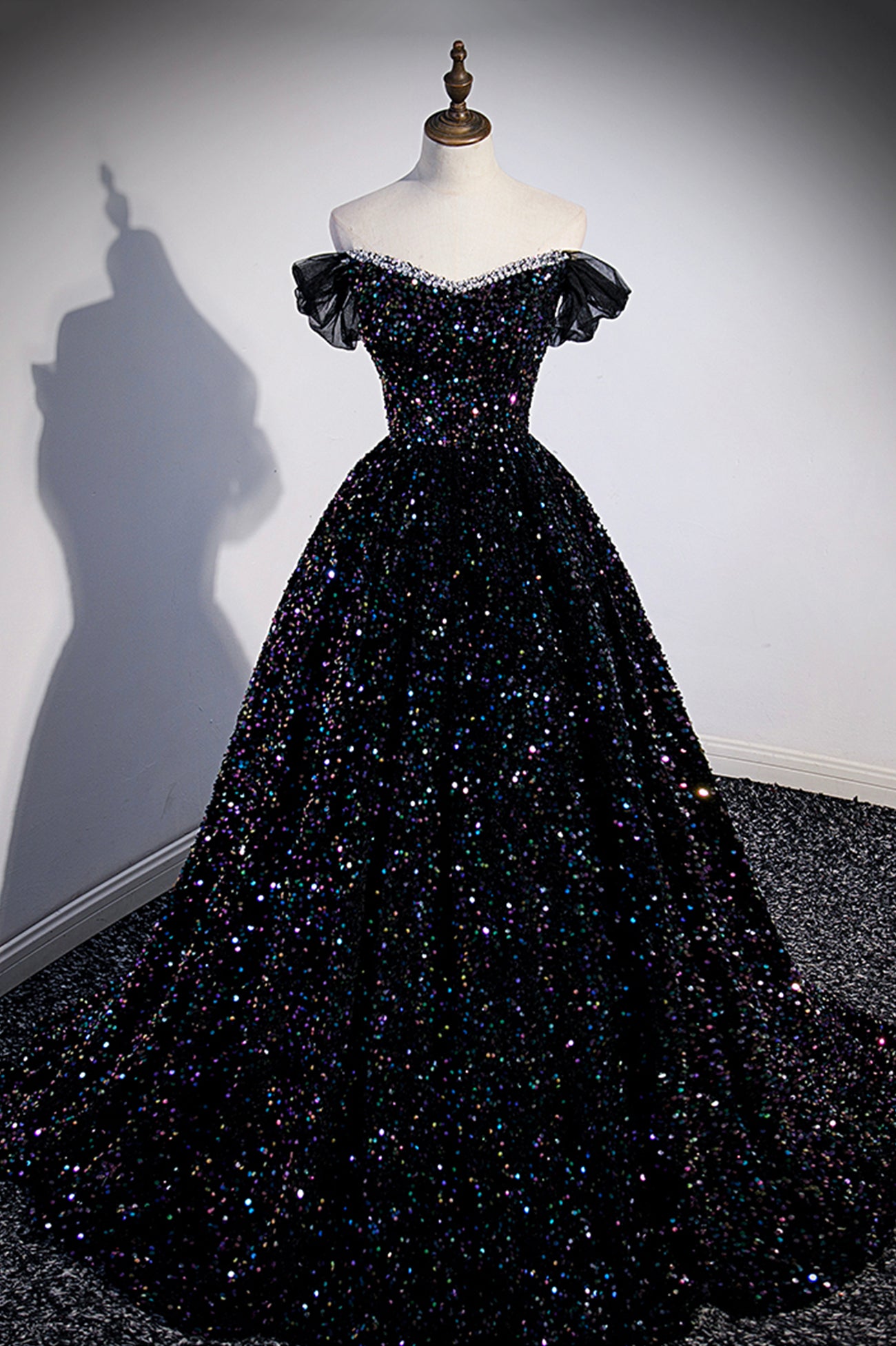 Black Off the Shoulder Beaded Long Formal Dress, Black Shiny Sequins E Black Off the Shoulder Beaded Long Formal Dress, Black Shiny Sequins E