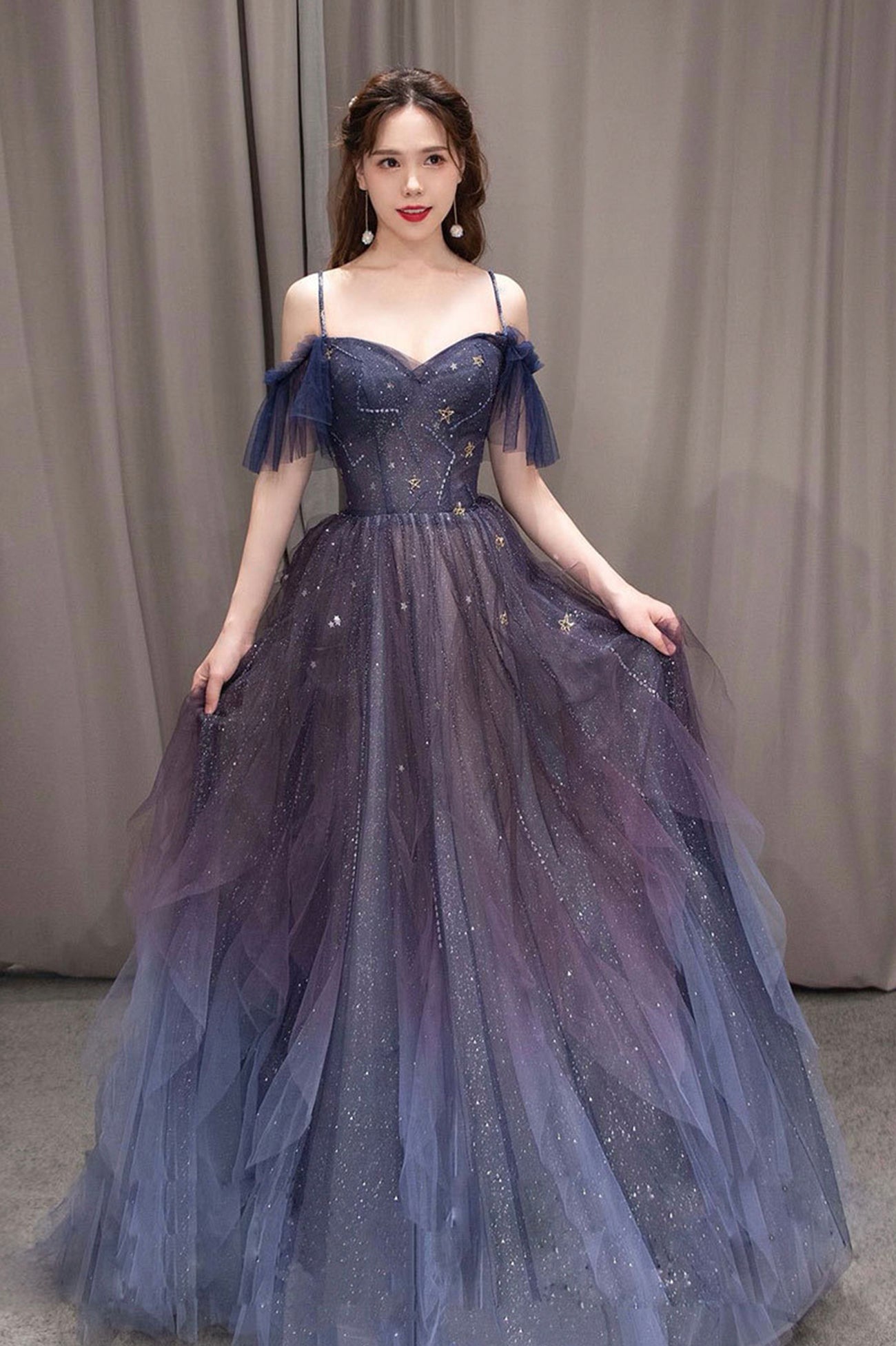 Purple Spaghetti Strap Gradient Tulle Long Prom Dress, A-Line Evening Purple Spaghetti Strap Gradient Tulle Long Prom Dress, A-Line Evening