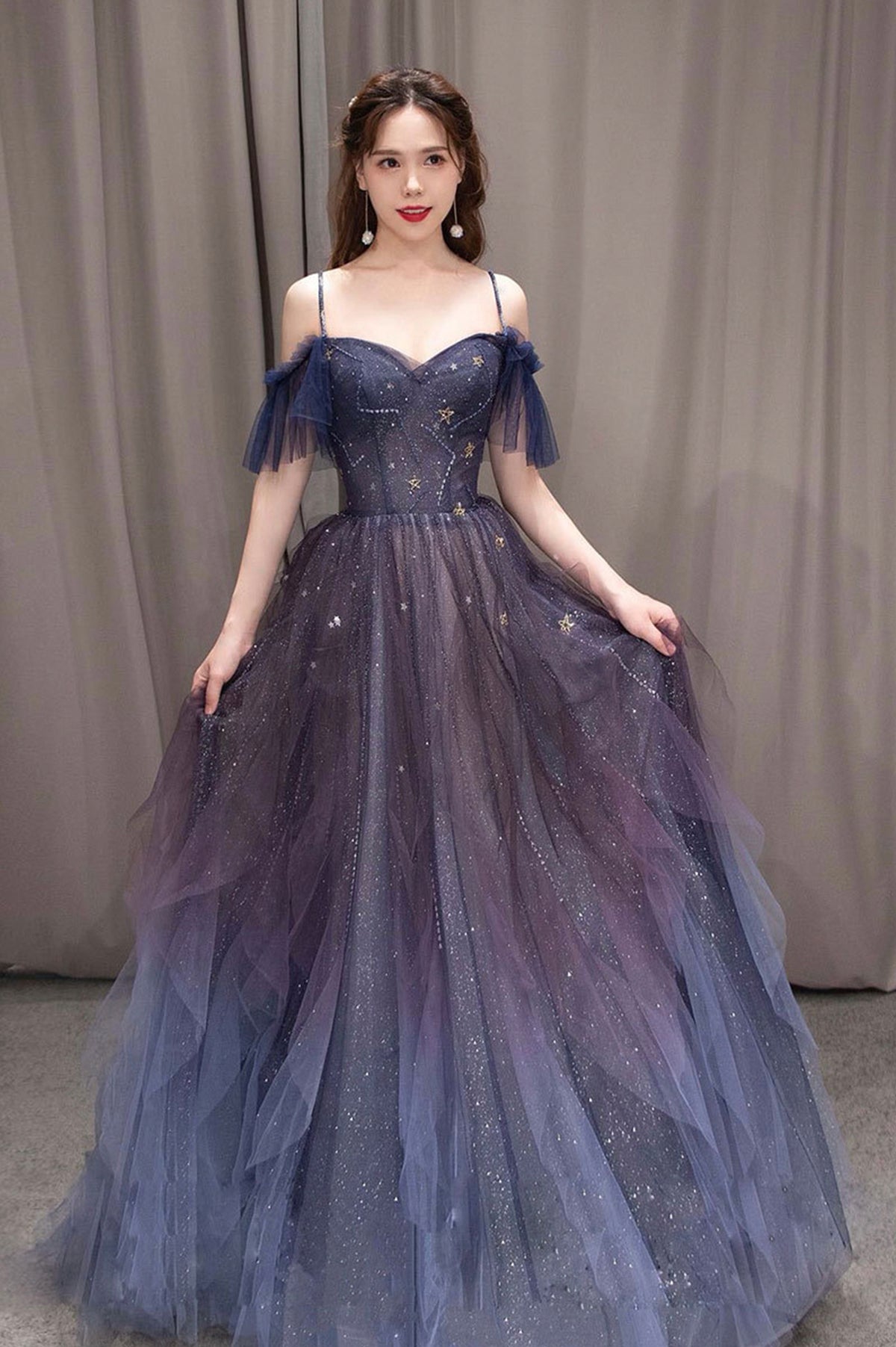 Purple Spaghetti Strap Gradient Tulle Long Prom Dress, A-Line Evening Party Dress