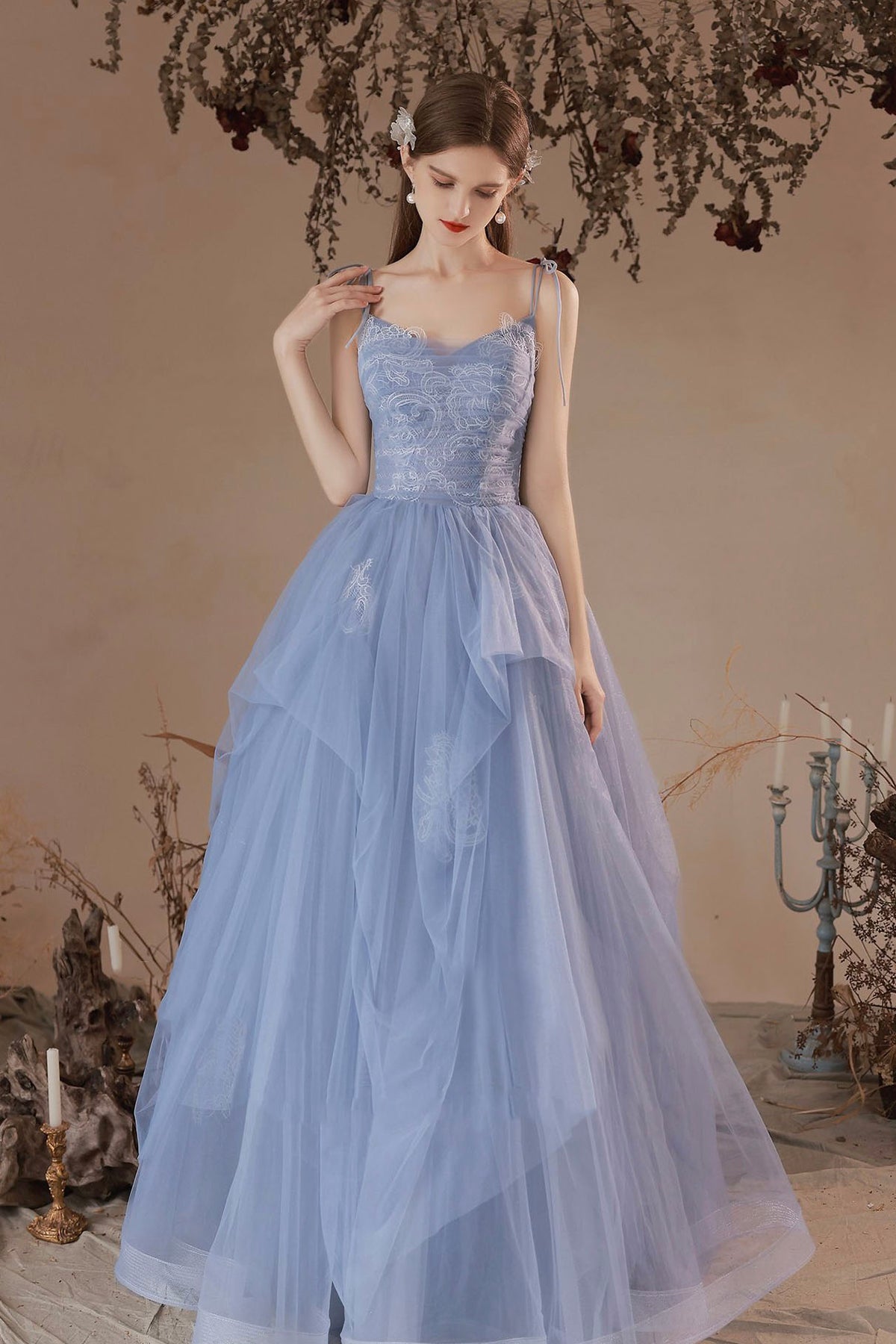 Blue Spaghetti Straps Lace Long Formal Dress, Blue A-Line Evening Party Dress
