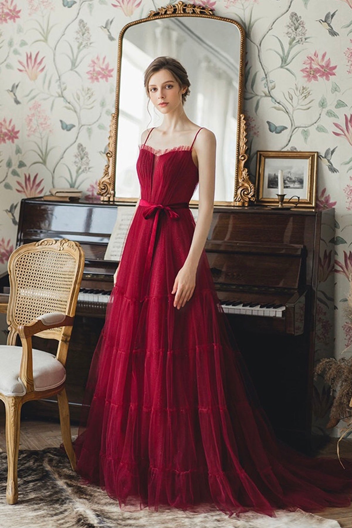 Burgundy Spaghetti Strap Long Formal Dress, A-Line Evening Party Dress