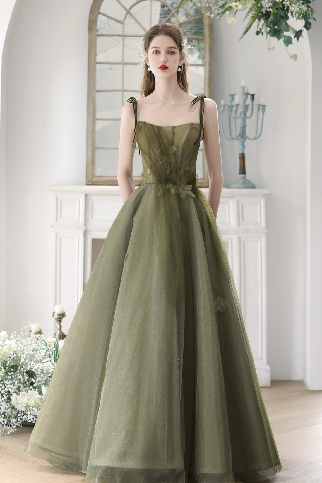 Green Spaghetti Strap Tulle Long Prom Dress, Cute A-Line Evening Dress Party Dress