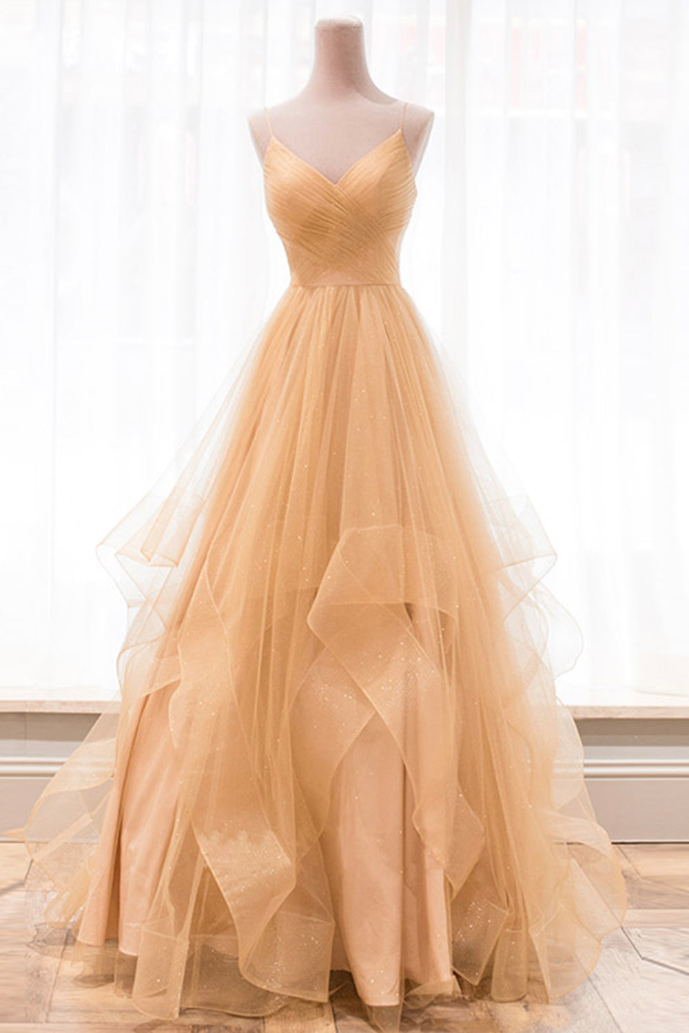 Gold V-Neck Tulle Long Prom Dress, A-Line Evening Dress Gold V-Neck Tulle Long Prom Dress, A-Line Evening Dress