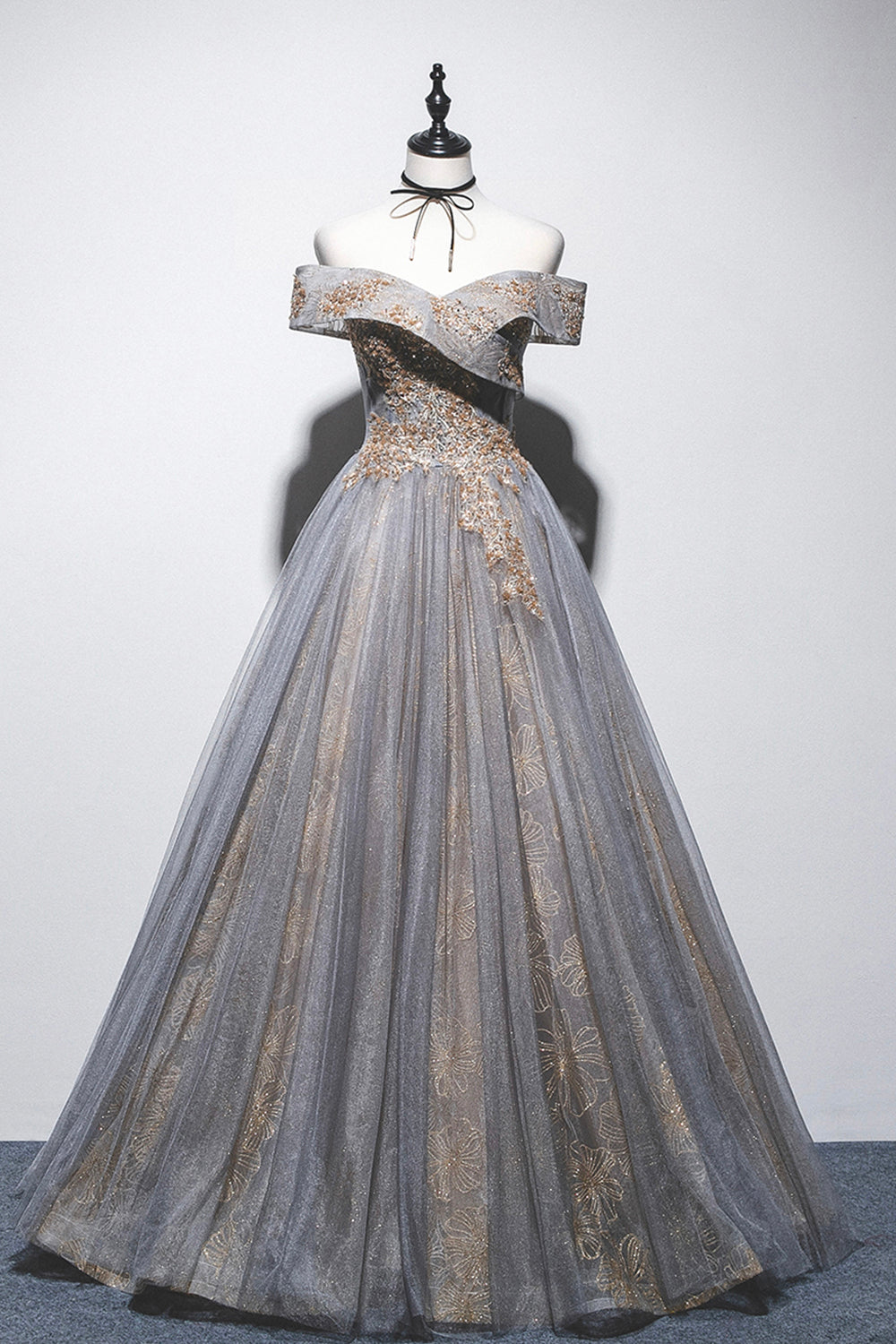 Gray Tulle Sequins Long Prom Dress, Off Shoulder Evening Dress