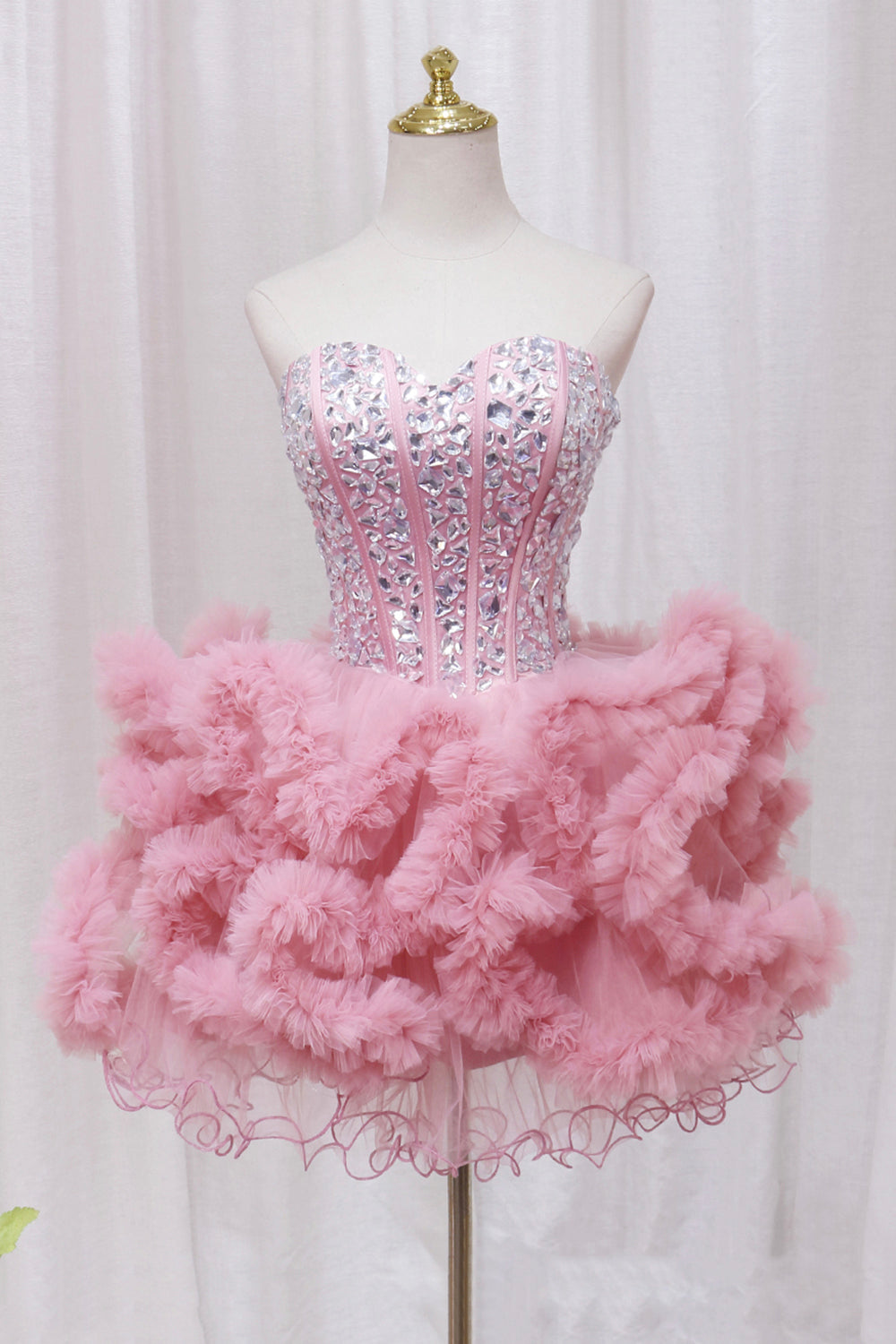 Pink Tulle Short Homecoming Dress with Rhinestones, Cute Party Dress US 8 / Pink