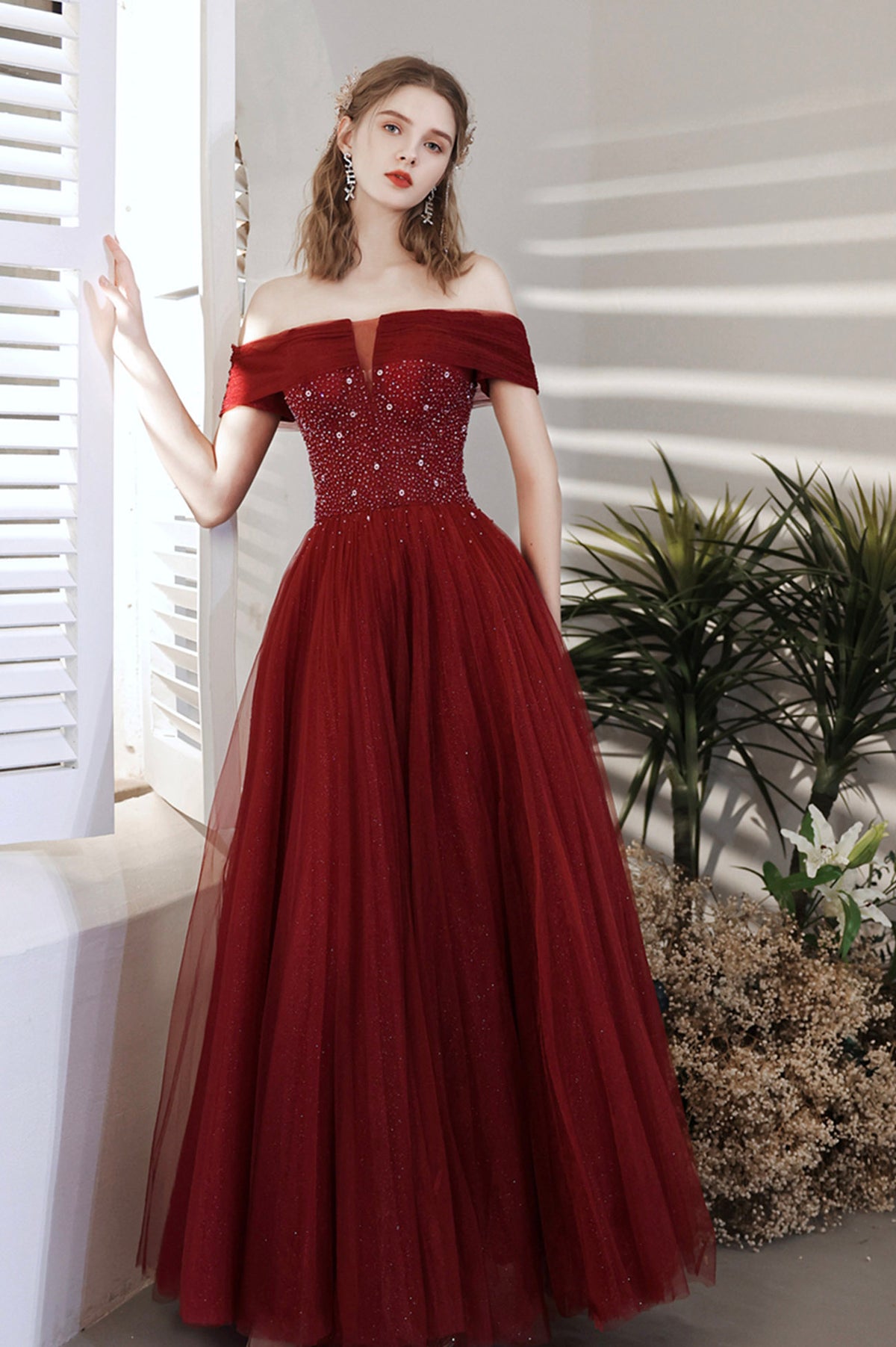 Burgundy Beaded Off Shoulder Lace-Up Prom Dress, Burgundy Evening Party Dress