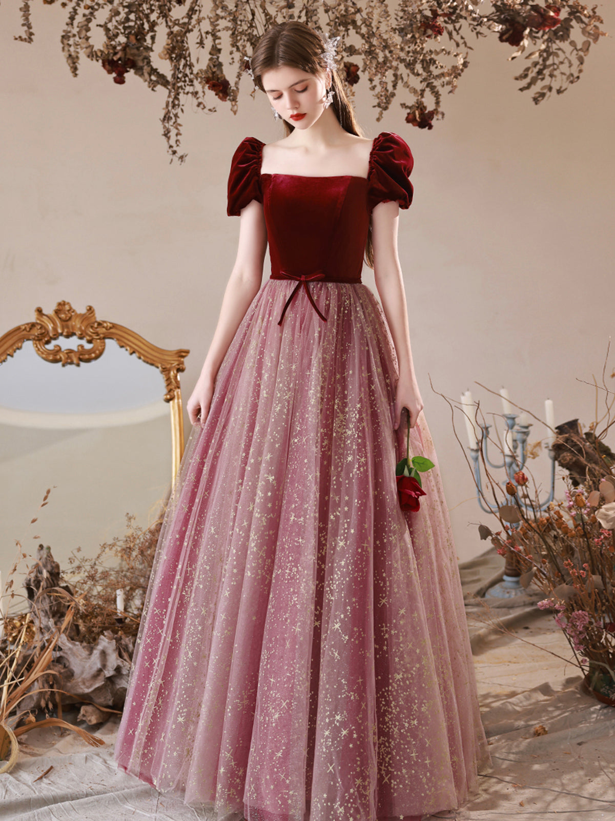 Cute Velvet Tulle Long Prom Dress, A-Line Off the Shoulder Evening Dress