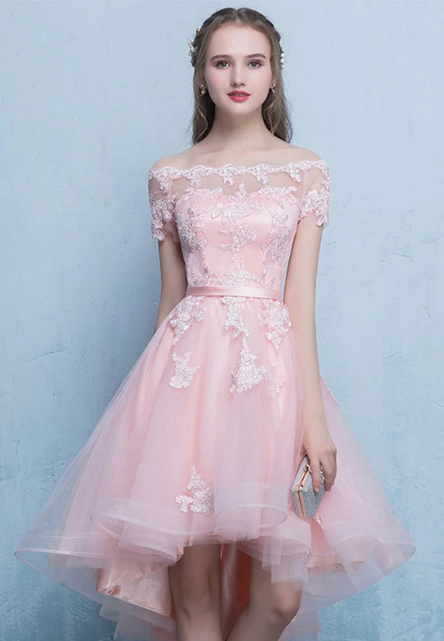 Pink Lace High Low Prom Dress, A-Line Off the Shoulder Party Dress Pink Lace High Low Prom Dress, A-Line Off the Shoulder Party Dress