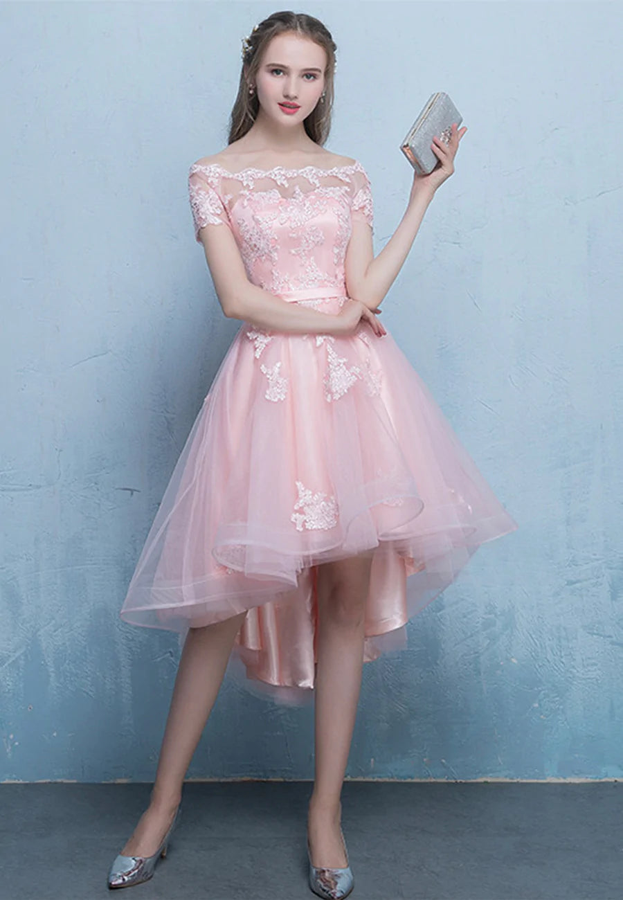 Pink Lace High Low Prom Dress, A-Line Off the Shoulder Party Dress