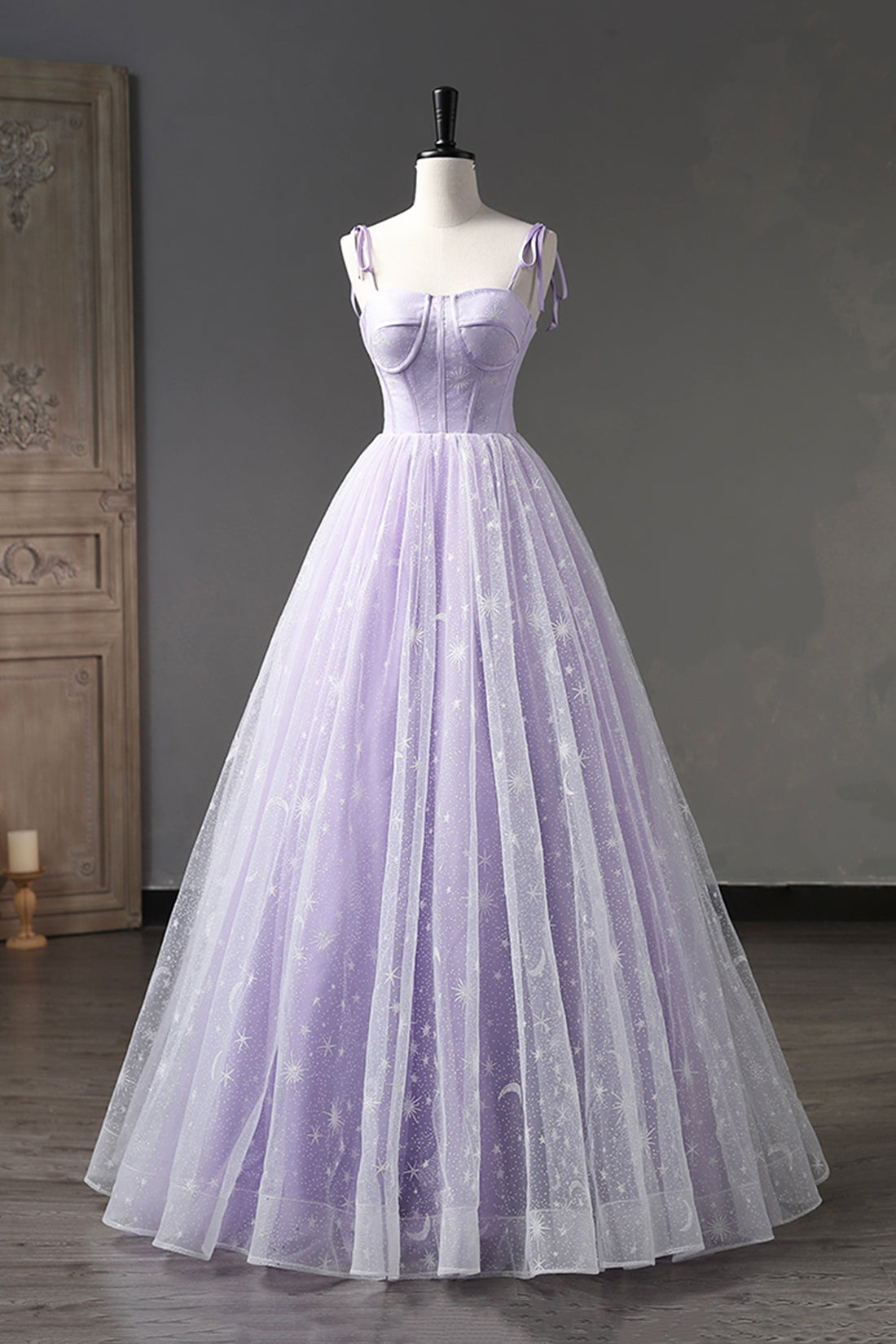 Lavender Tulle Straps Floor Length Evening Dress, Lavender A-Line Prom Lavender Tulle Straps Floor Length Evening Dress, Lavender A-Line Prom