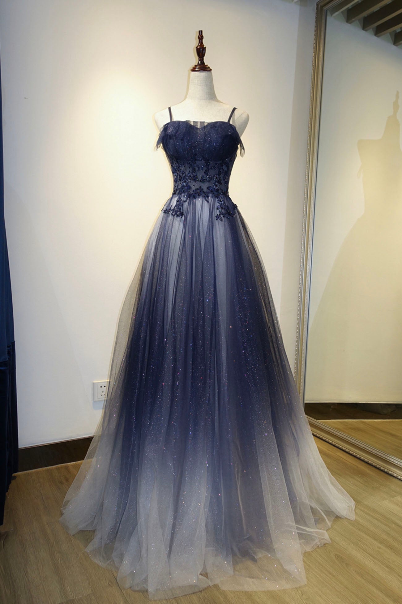 Spaghetti Strap Gradient Tulle Long Formal Dress, Blue Evening Party D Spaghetti Strap Gradient Tulle Long Formal Dress, Blue Evening Party D