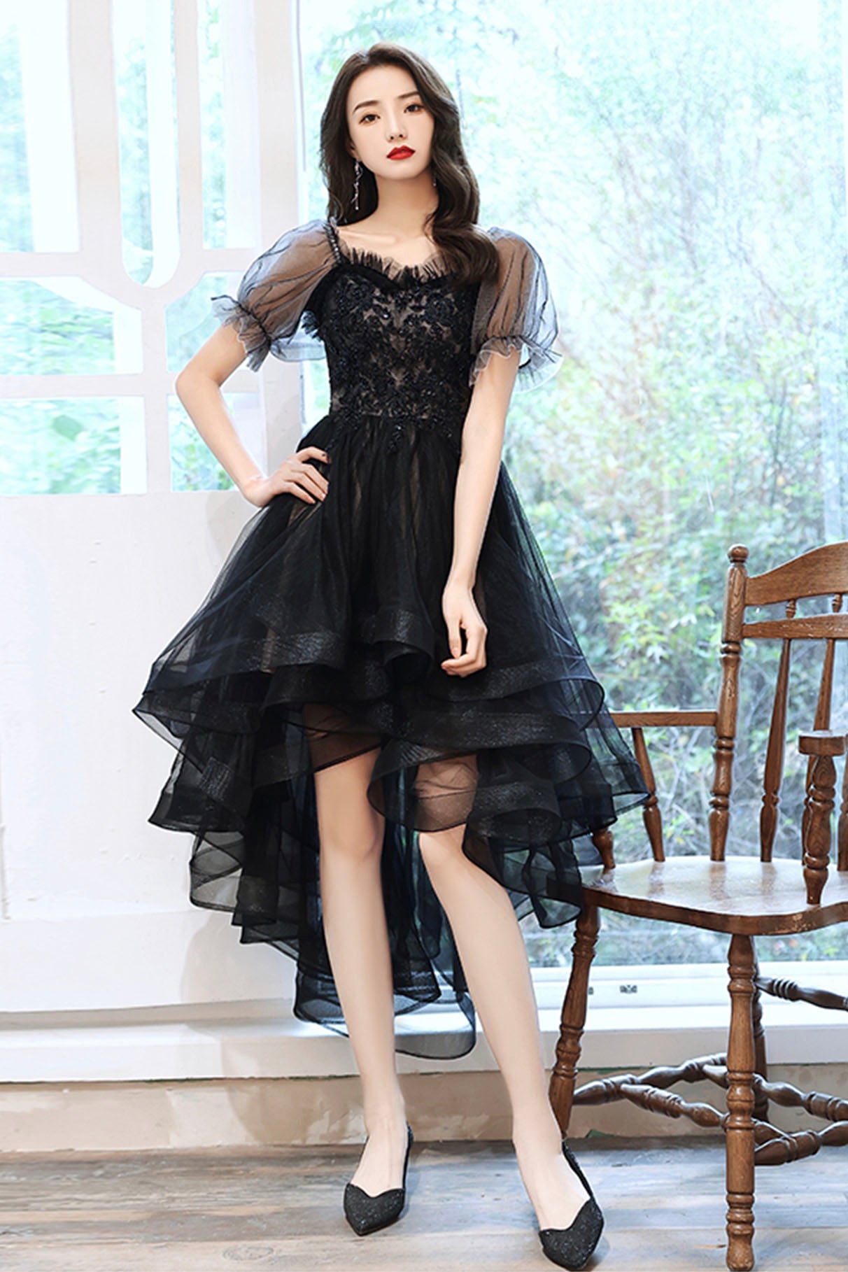 Black Tulle Lace High-Low Party Dress, Cute Short Sleeve Homecoming Dress US 10 / Black