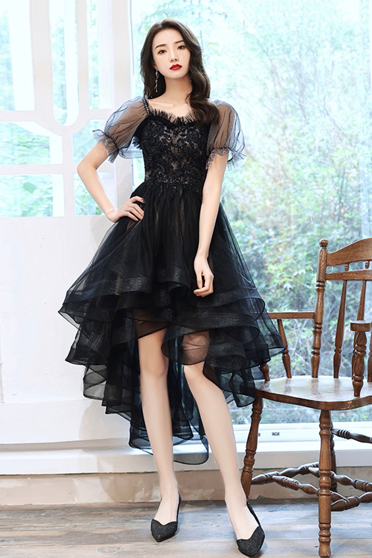 Black Tulle Lace High-Low Party Dress, Cute Short Sleeve Homecoming Dress