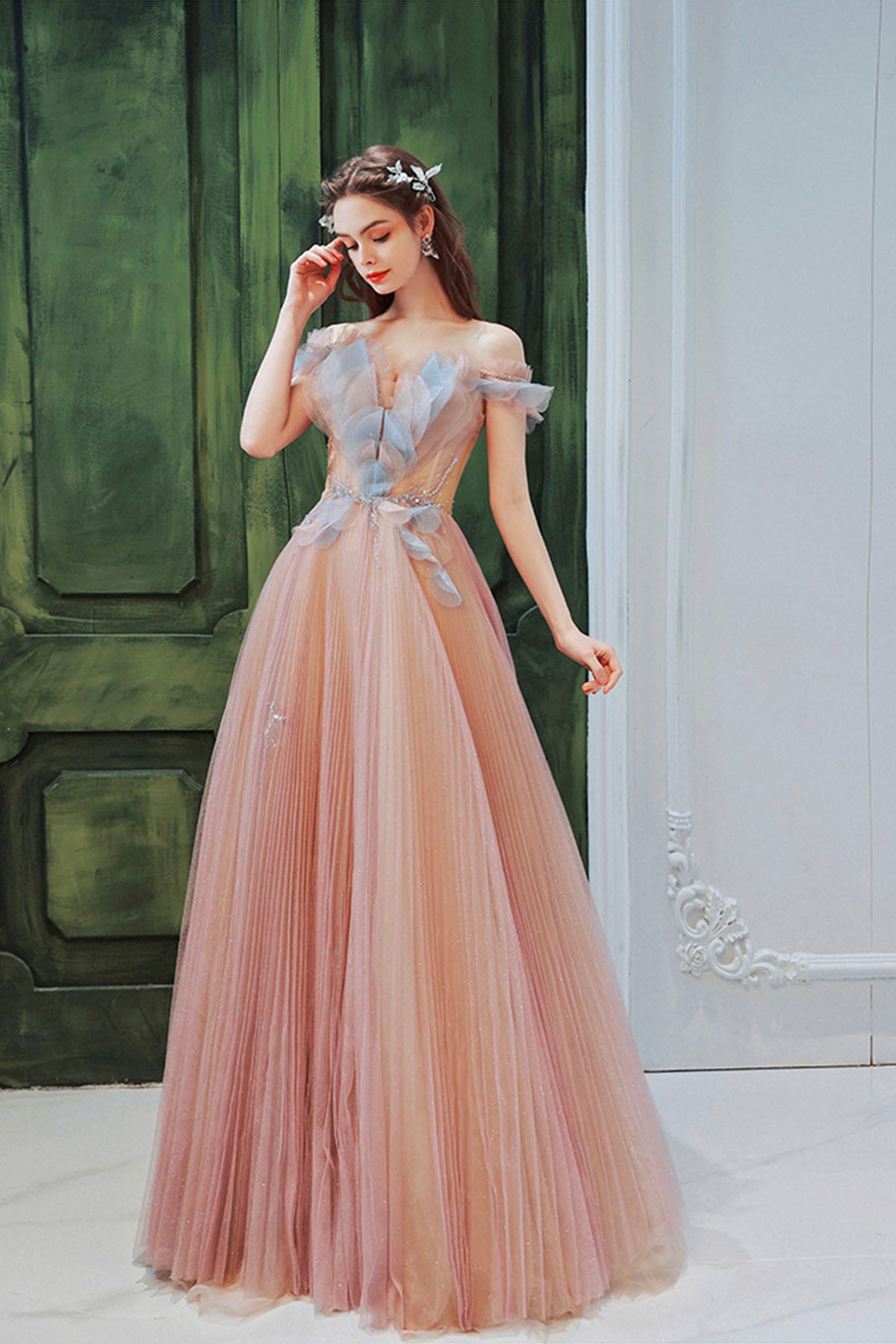 Pink Off the Shoulder Tulle Long Party Dress, Cute A-Line Prom Dress