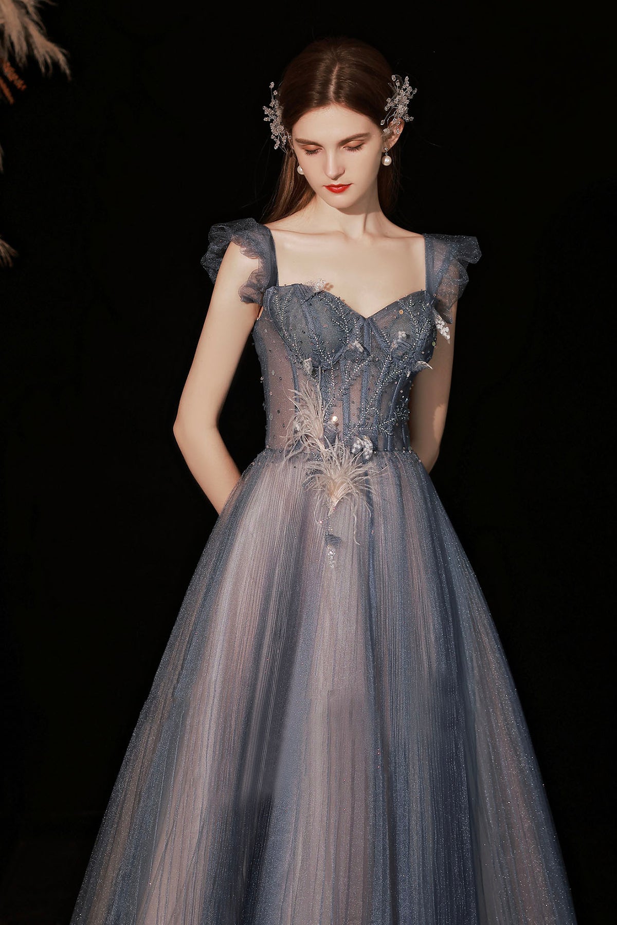 Blue Sweetheart Neckline Tulle Long Formal Dresses, A-Line Prom Dresses