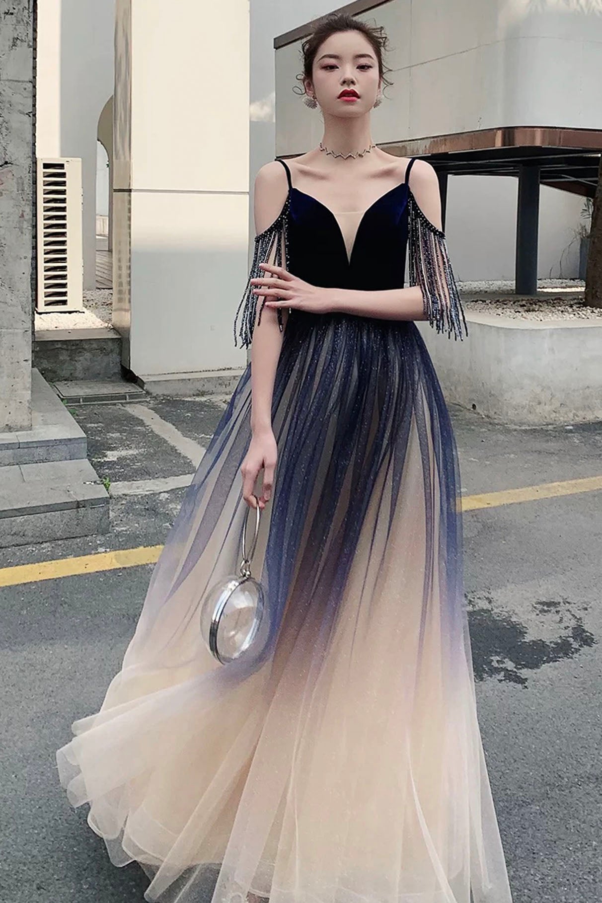 Blue Spaghetti Strap Gradient Long Formal Dress, A-Line V-Neck Prom Dr Blue Spaghetti Strap Gradient Long Formal Dress, A-Line V-Neck Prom Dr