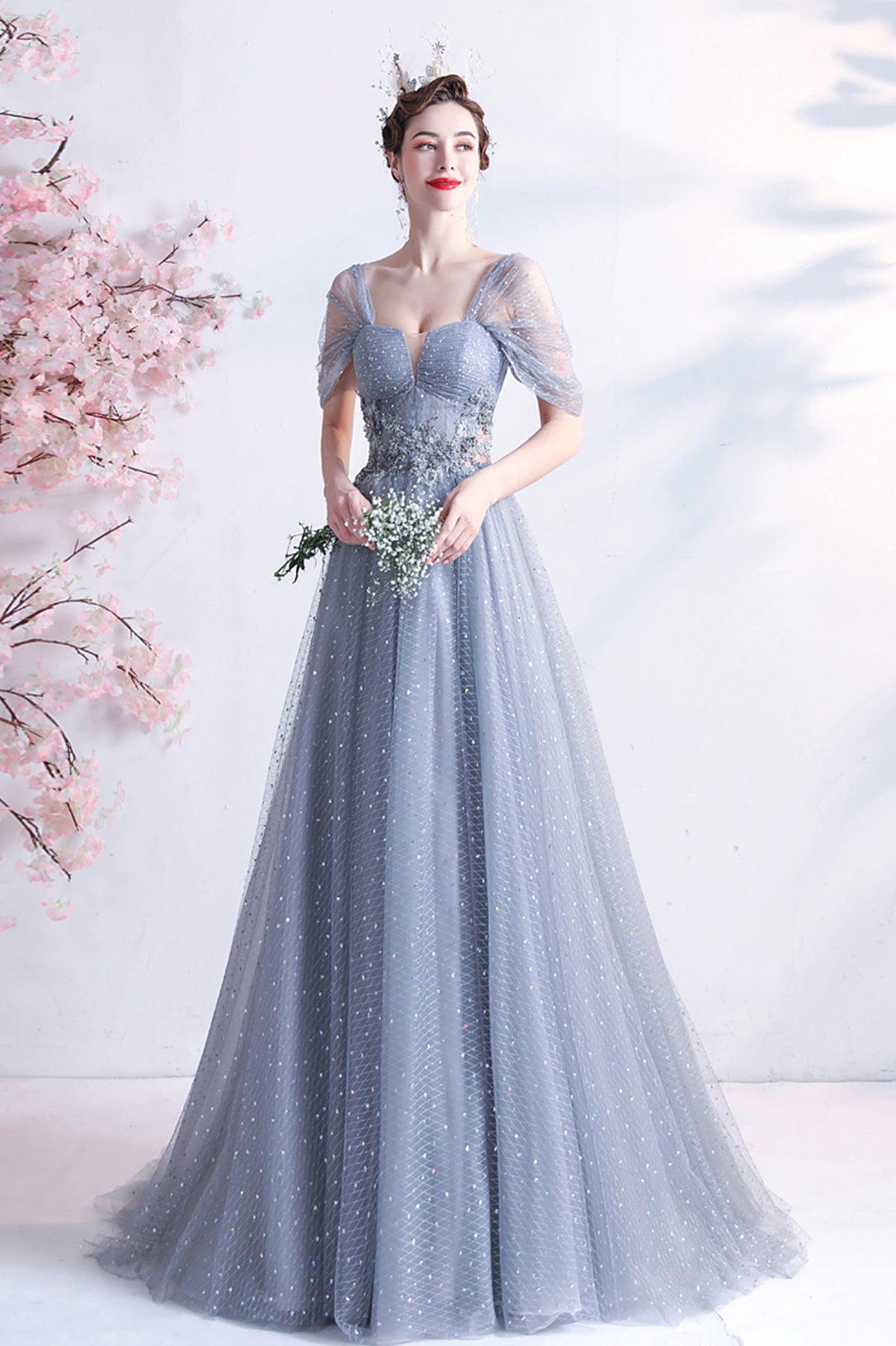 Elegant Gray Tulle Long Prom Dress, Off the Shoulder Formal Evening Dress
