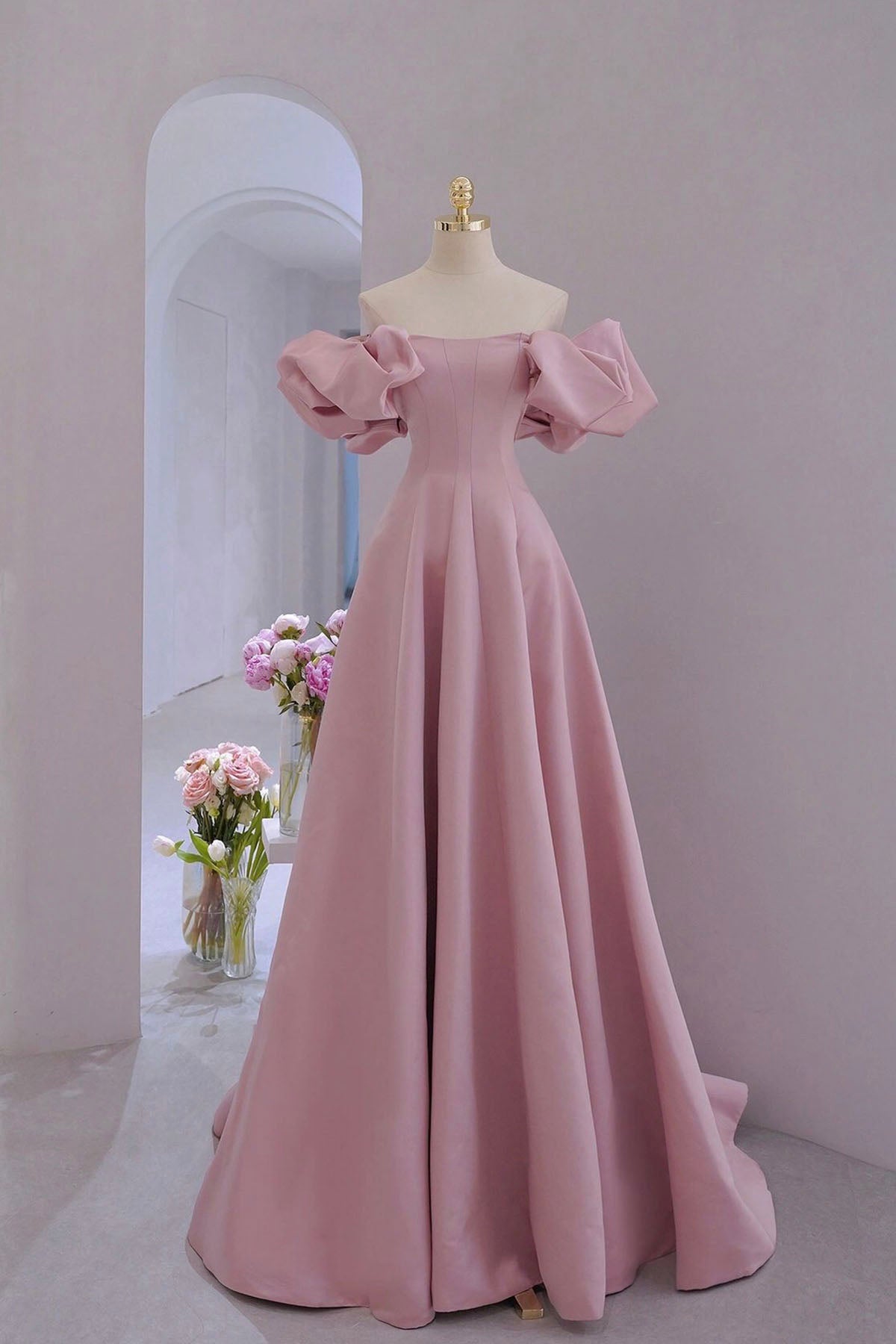 open lace back dress Pink Satin Long A-Line Prom Dress, Pink Puff Sleeves Formal Evening Dr