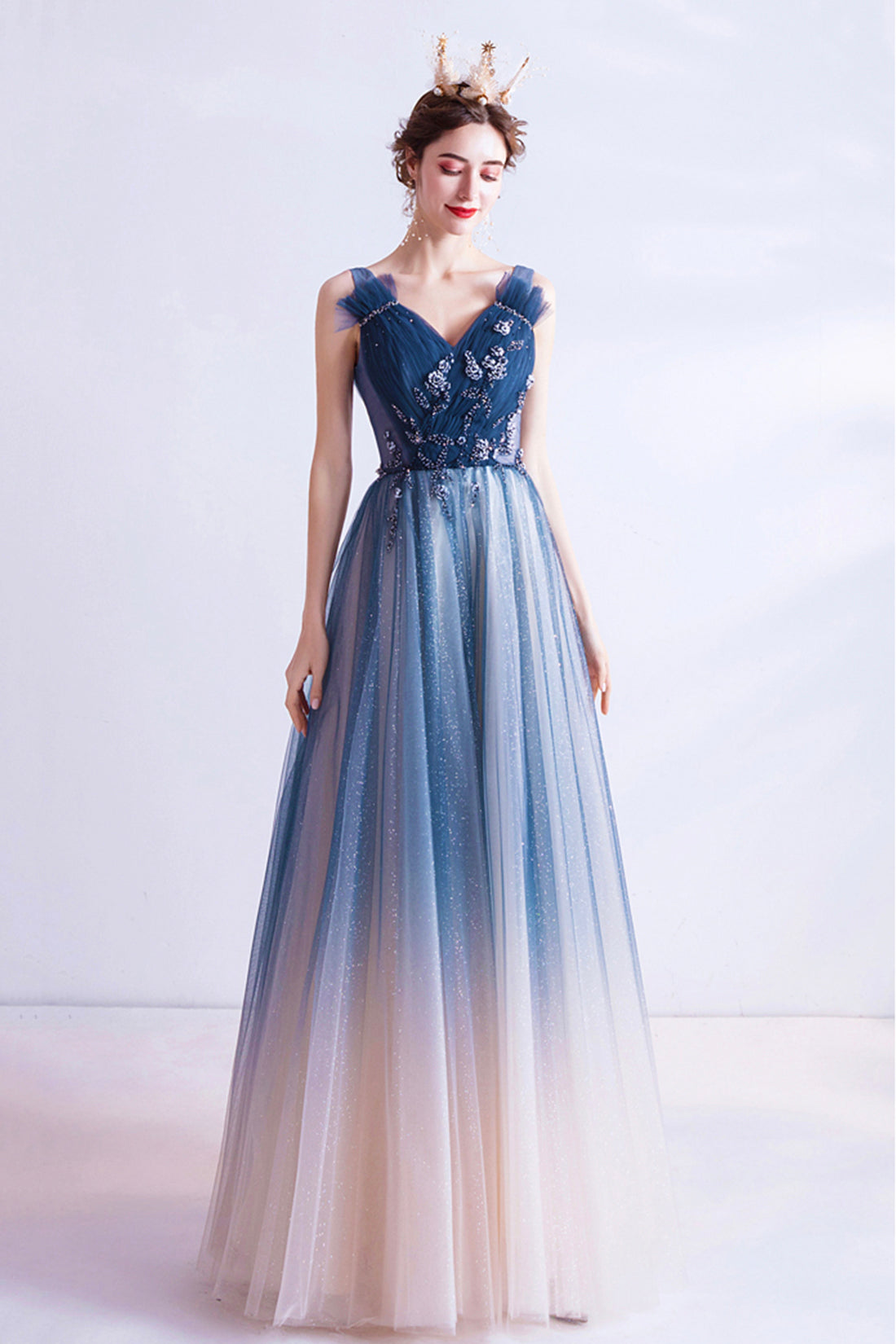 Blue V Neck Gradient Tulle Formal Dress with Beaded, Long A-Line Prom Blue V Neck Gradient Tulle Formal Dress with Beaded, Long A-Line Prom