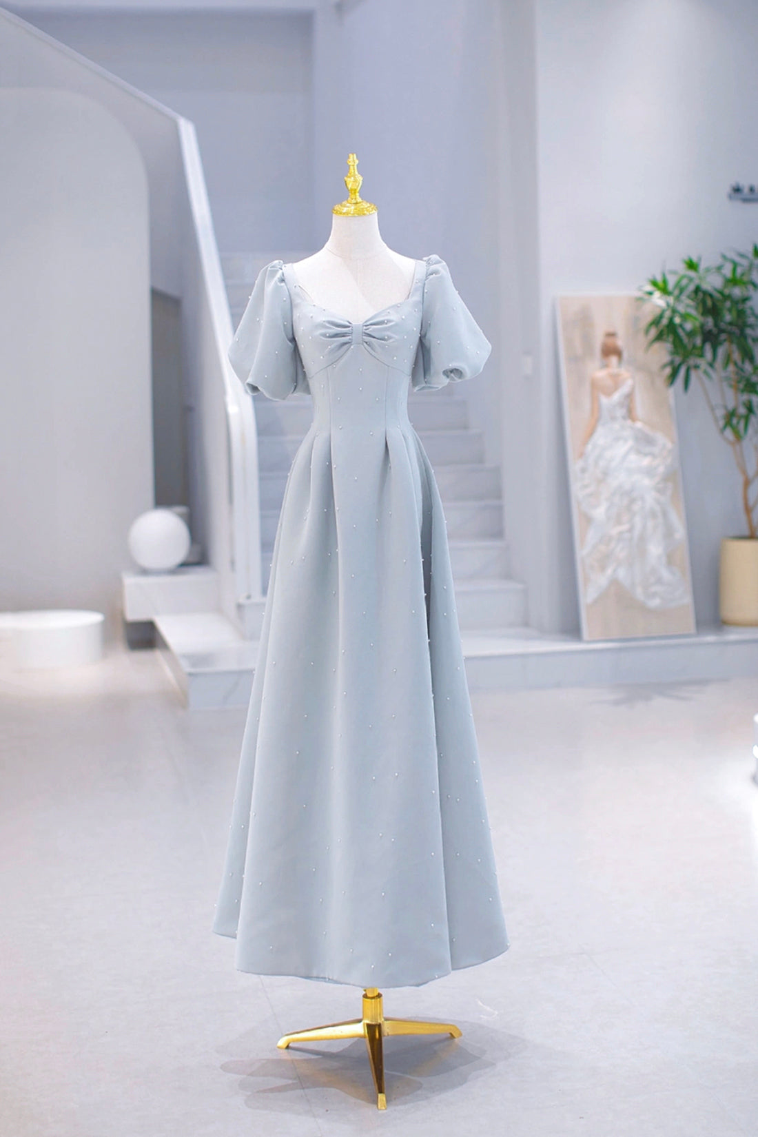 Light Blue Satin Long Prom Dress with Pearls, A-Line Short Sleeve Part Light Blue Satin Long Prom Dress with Pearls, A-Line Short Sleeve Part