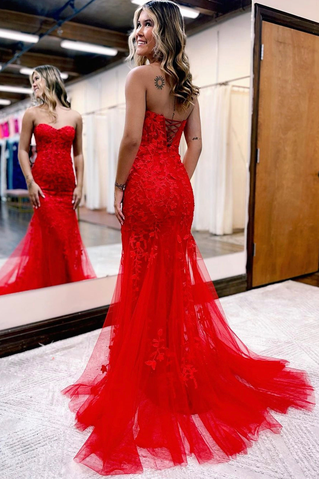 Red Strapless Lace Long Prom Dress, Mermaid Evening Party Dress