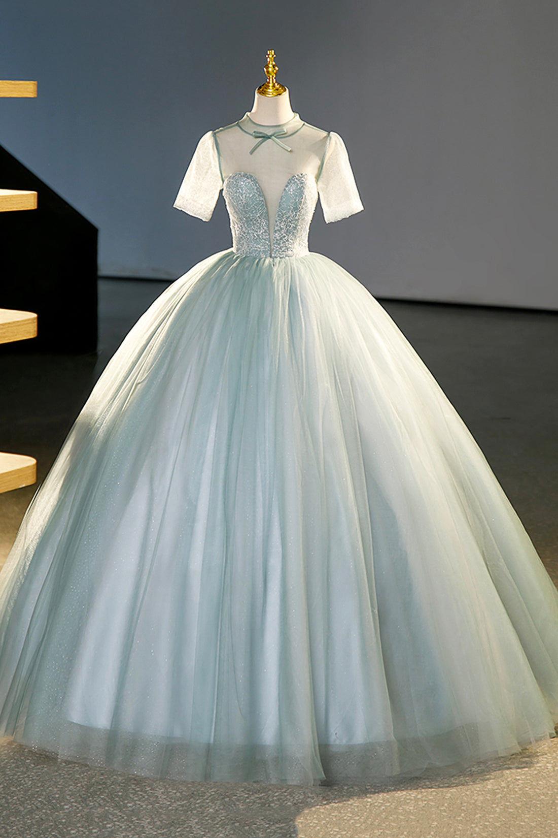 Beautiful Tulle Long A-Line Prom Dress, Gray Green Formal Dress Sweet