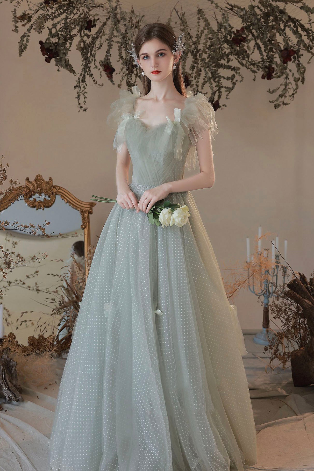 Light Green Tulle Long A-Line Prom Dress, Off the Shoulder Evening Par Light Green Tulle Long A-Line Prom Dress, Off the Shoulder Evening Par