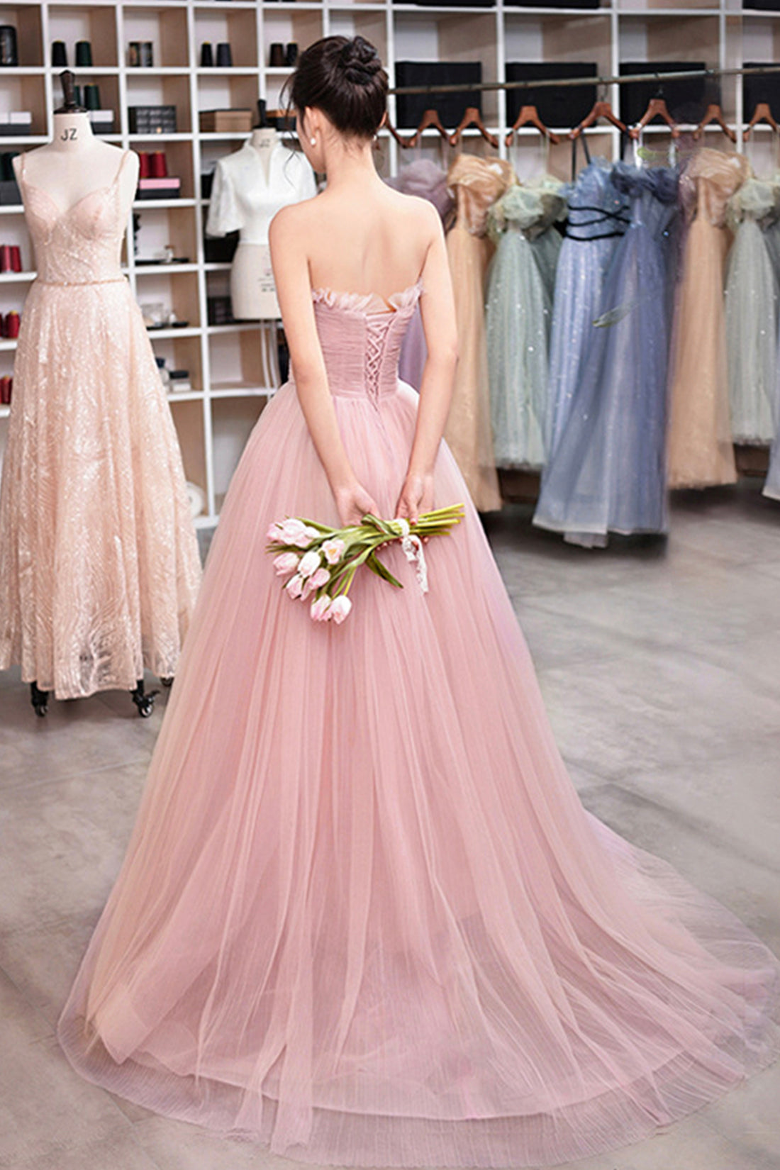 Pink Strapless Tulle Long Prom Dress, Beautiful Sweetheart Evening Dress