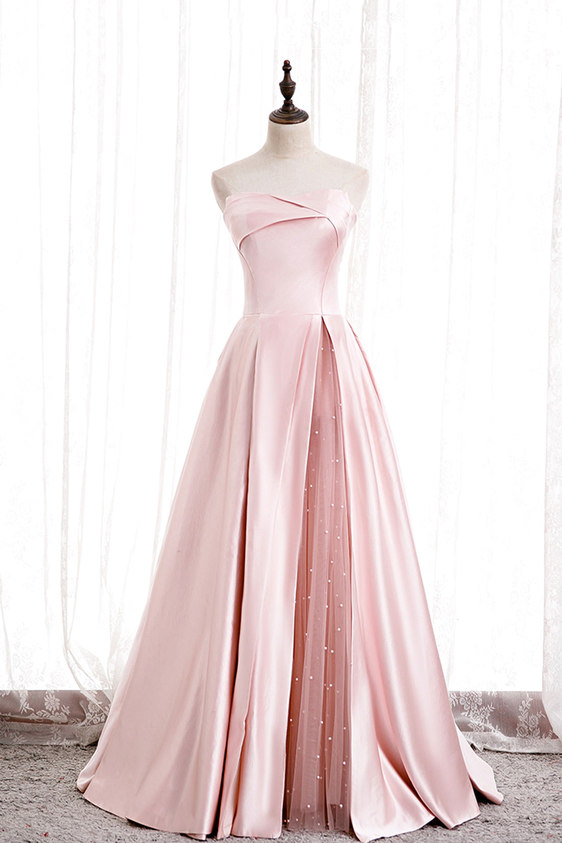 Pink Satin Long Prom Dress with Pearls, Pink Strapless Evening Dress Pink Satin Long Prom Dress with Pearls, Pink Strapless Evening Dress