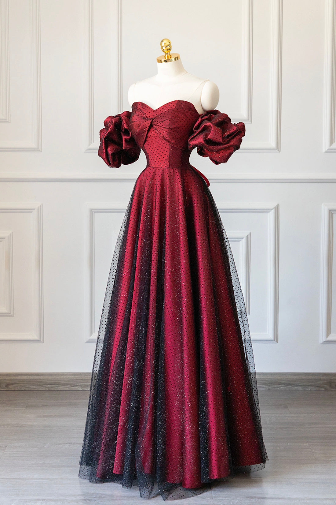 Burgundy Satin Tulle Long Prom Dress, Off Shoulder Evening Party Dress Burgundy Satin Tulle Long Prom Dress, Off Shoulder Evening Party Dress