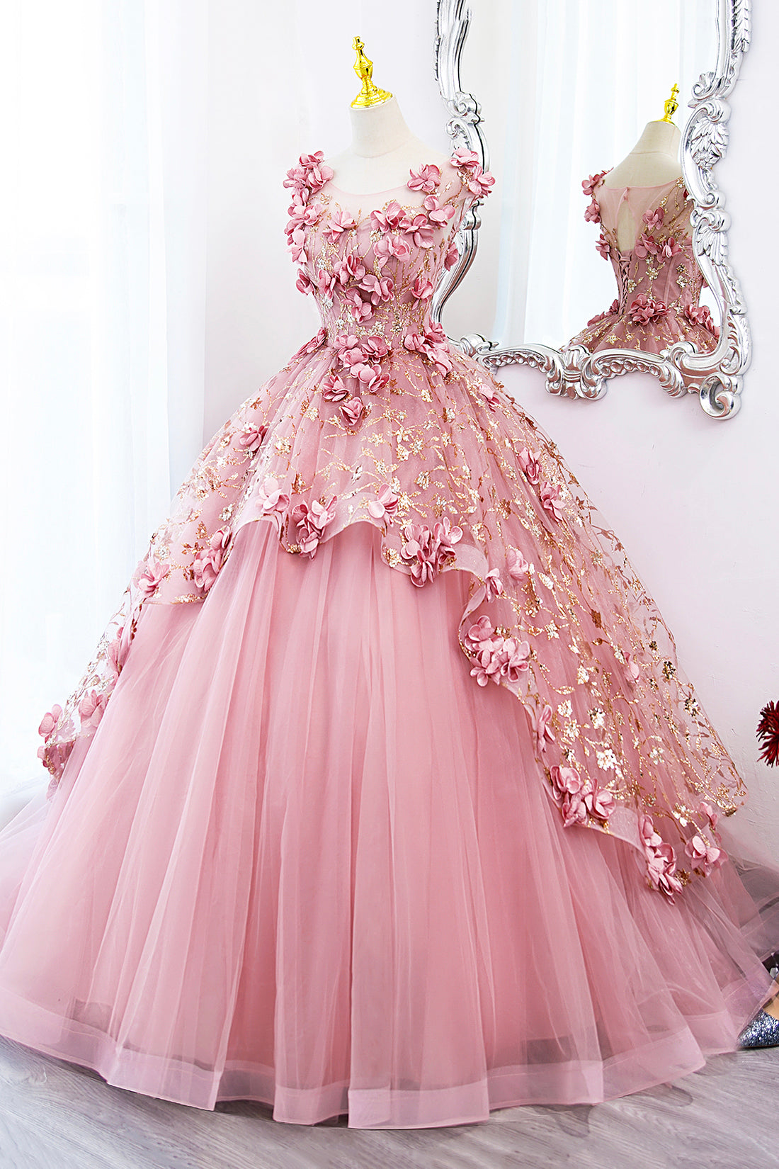 Beautiful Pink Tulle Long Prom Dress with Flowers, Lovely Tulle Sweet 16 Dress
