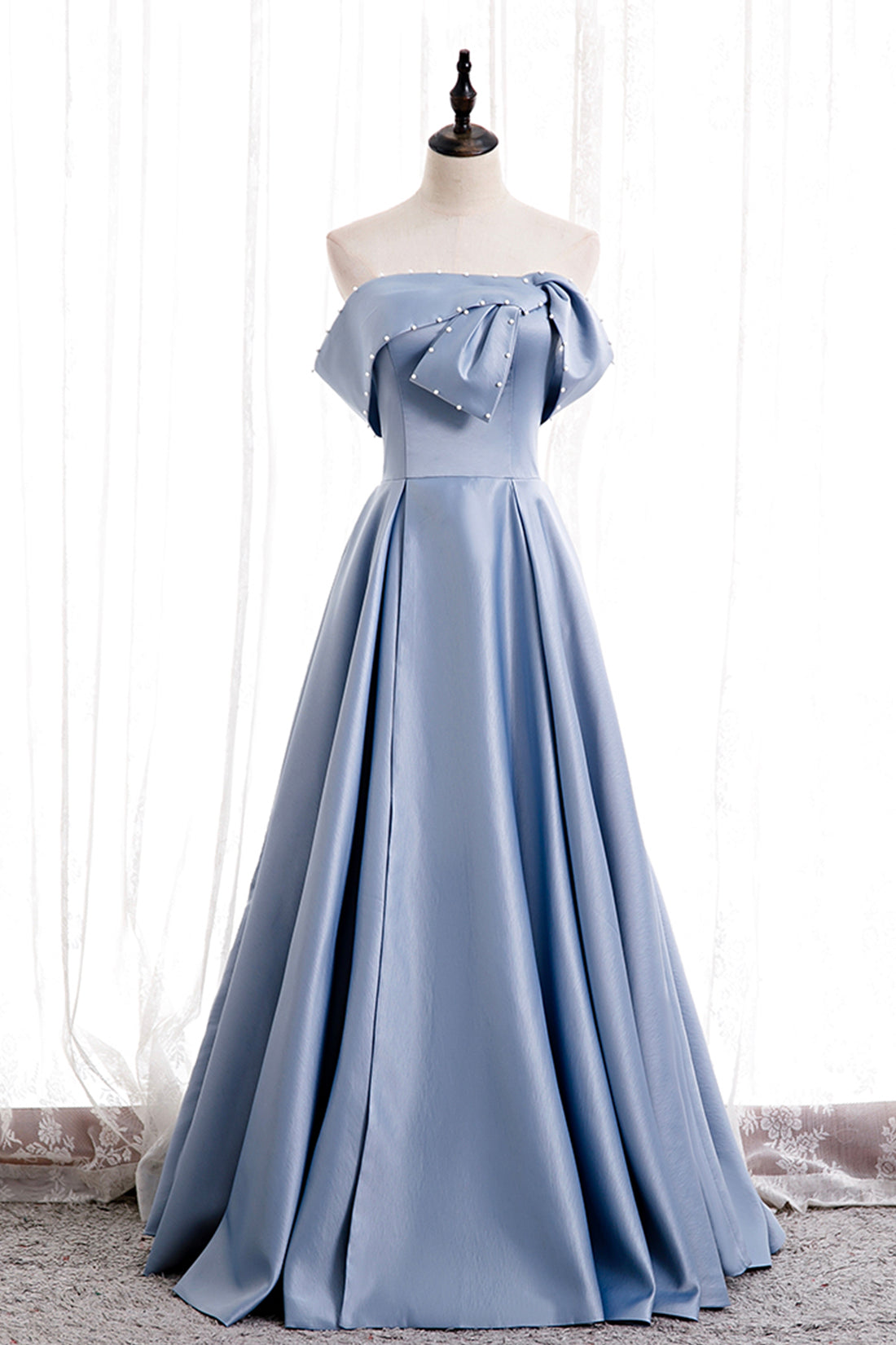 Blue Satin Long Prom Dress with Pearls, Blue A-Line Strapless Party Dr Blue Satin Long Prom Dress with Pearls, Blue A-Line Strapless Party Dr