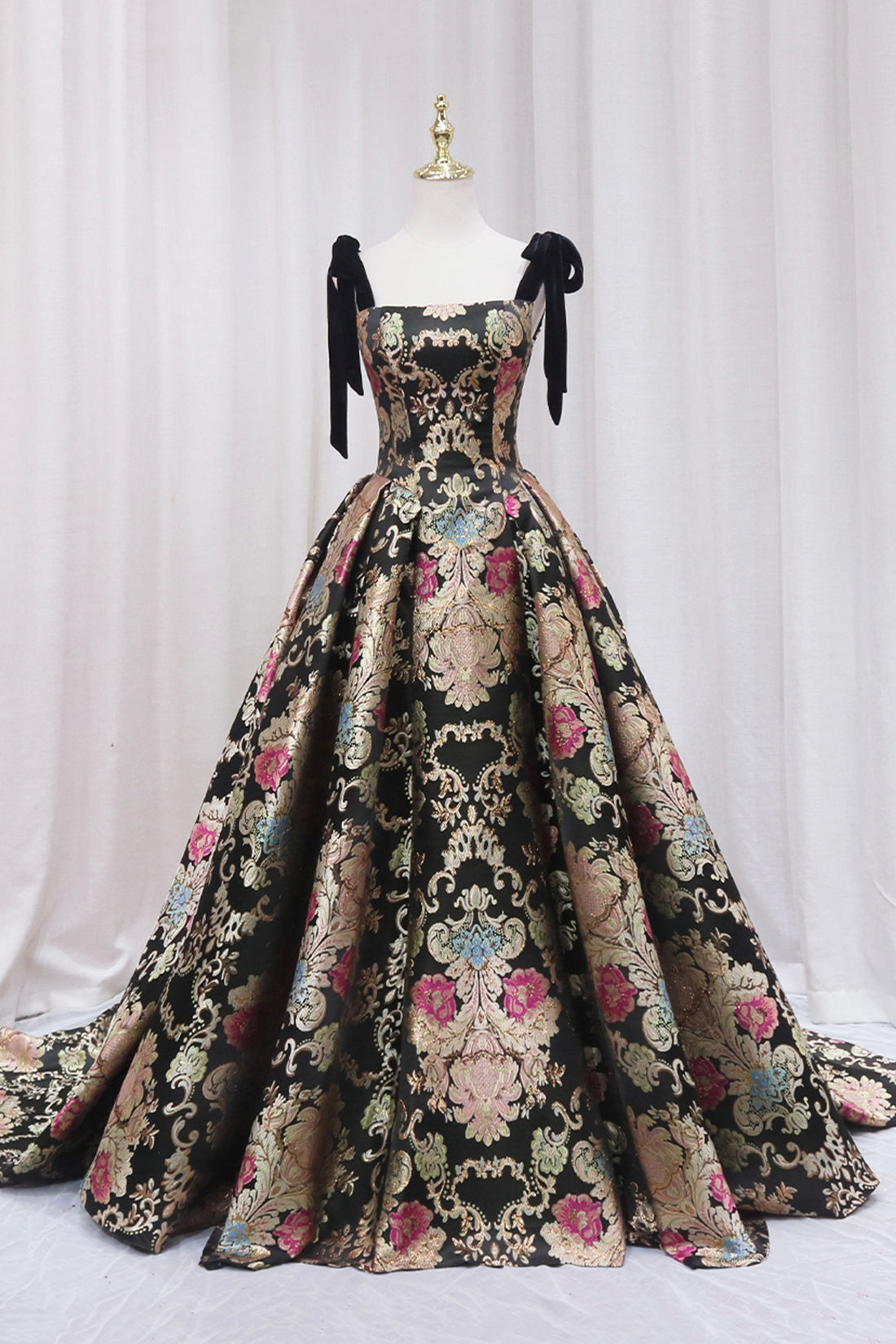 Unique Floral Floor Length Prom Dress, A-Line Black Evening Dress Unique Floral Floor Length Prom Dress, A-Line Black Evening Dress