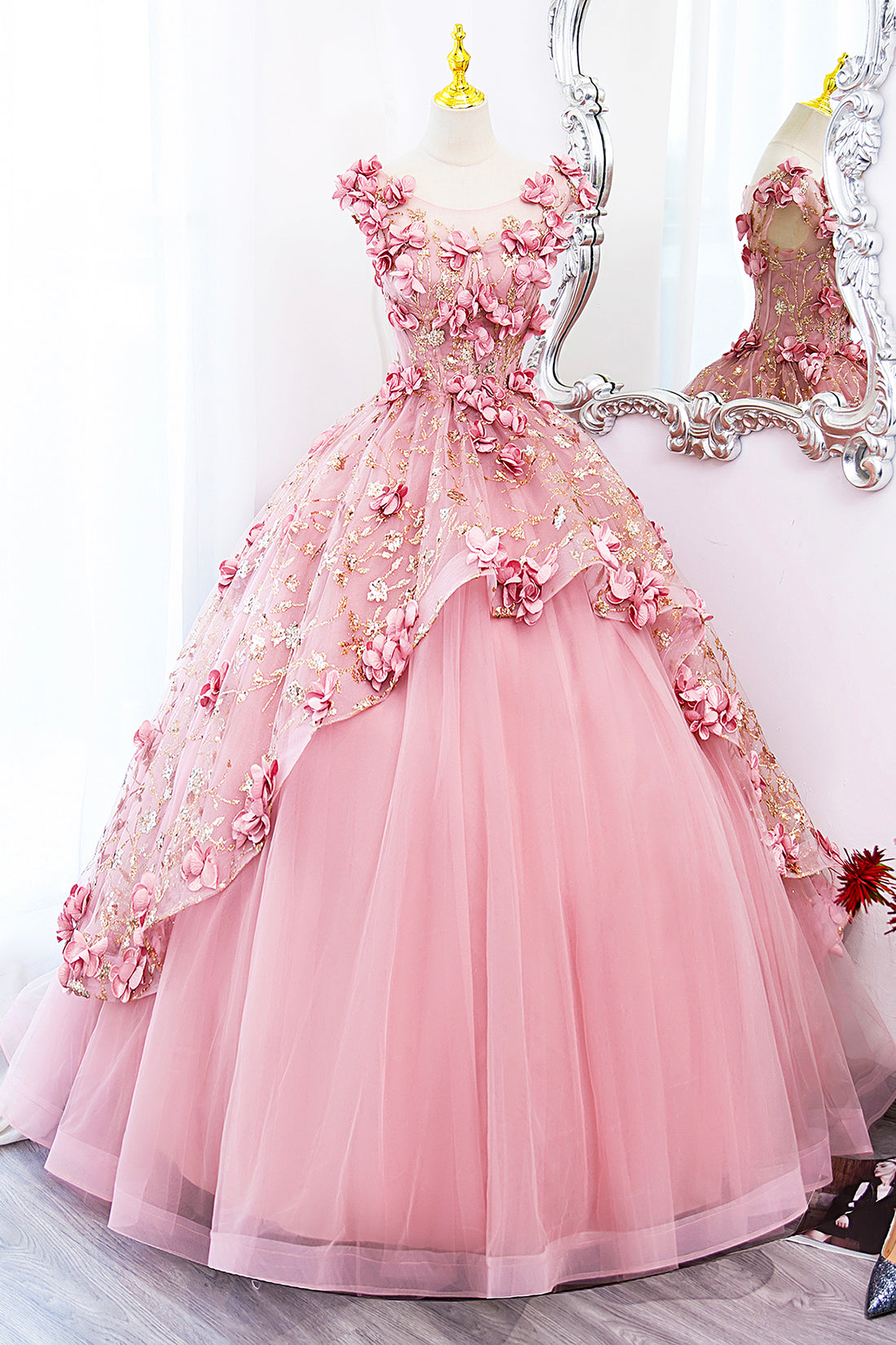 Beautiful Pink Tulle Long Prom Dress with Flowers, Lovely Tulle Sweet 16 Dress