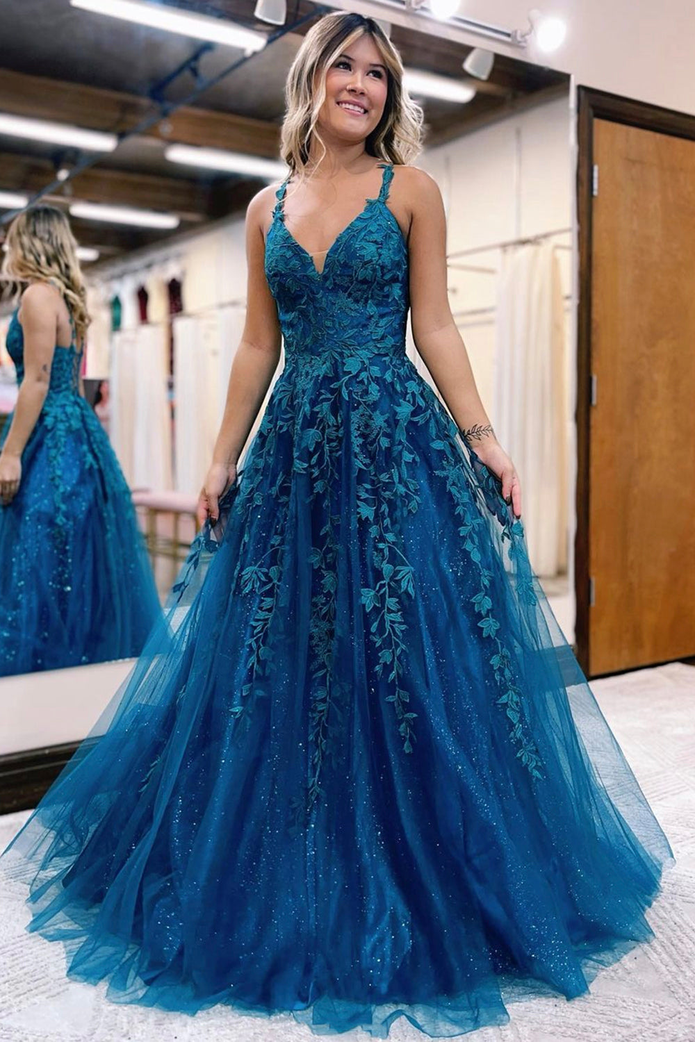 Blue V-Neck Lace Long Prom Dress, A-Line Blue Evening Dress Blue V-Neck Lace Long Prom Dress, A-Line Blue Evening Dress