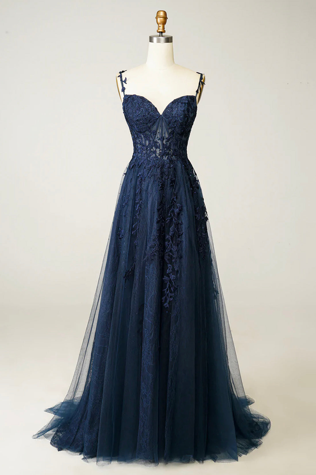 Navy Blue Tulle Lace Long Prom Dress, Beautiful Spaghetti Straps Forma Navy Blue Tulle Lace Long Prom Dress, Beautiful Spaghetti Straps Forma