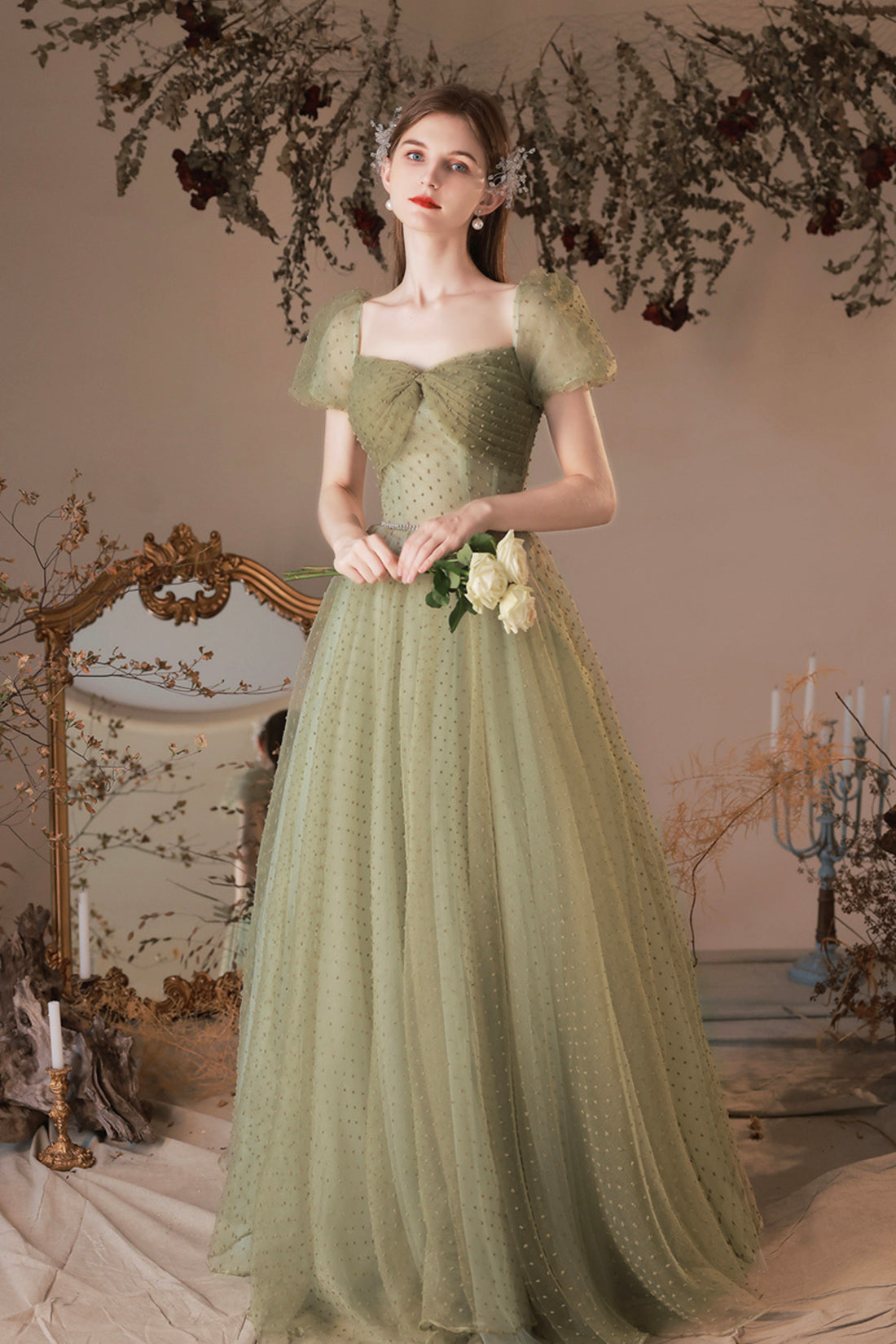 Green Tulle Long A-Line Prom Dress, Cute Evening Dress