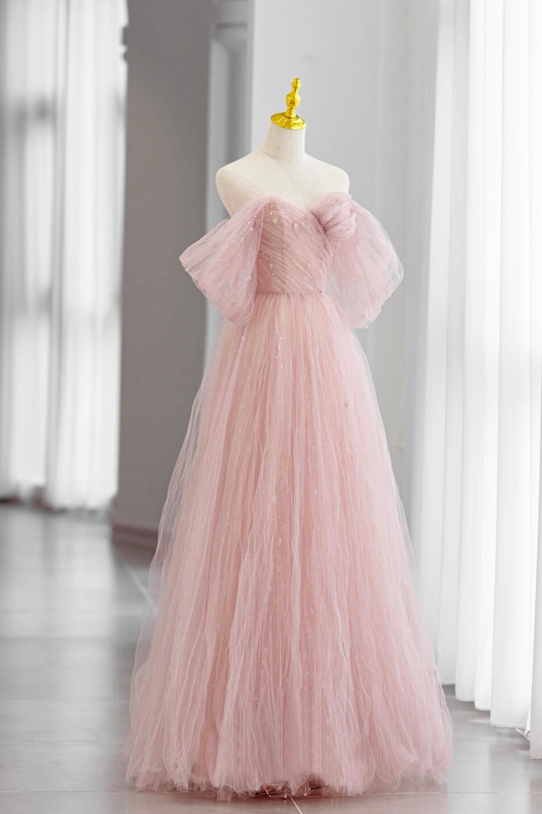 A-line Square Floor length Tulle Prom Dresses Candy Pink