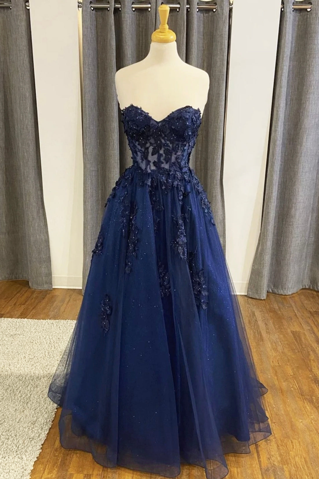 Blue Strapless Lace Long Prom Dress, A-Line Evening Dress Party Dress Blue Strapless Lace Long Prom Dress, A-Line Evening Dress Party Dress