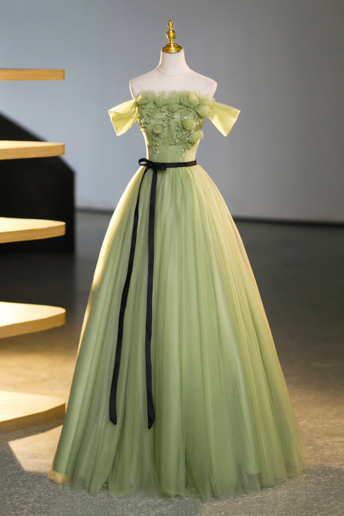 Green Off-Shoulder Tulle Long Formal Dress, Beautiful A-Line Evening D Green Off-Shoulder Tulle Long Formal Dress, Beautiful A-Line Evening D