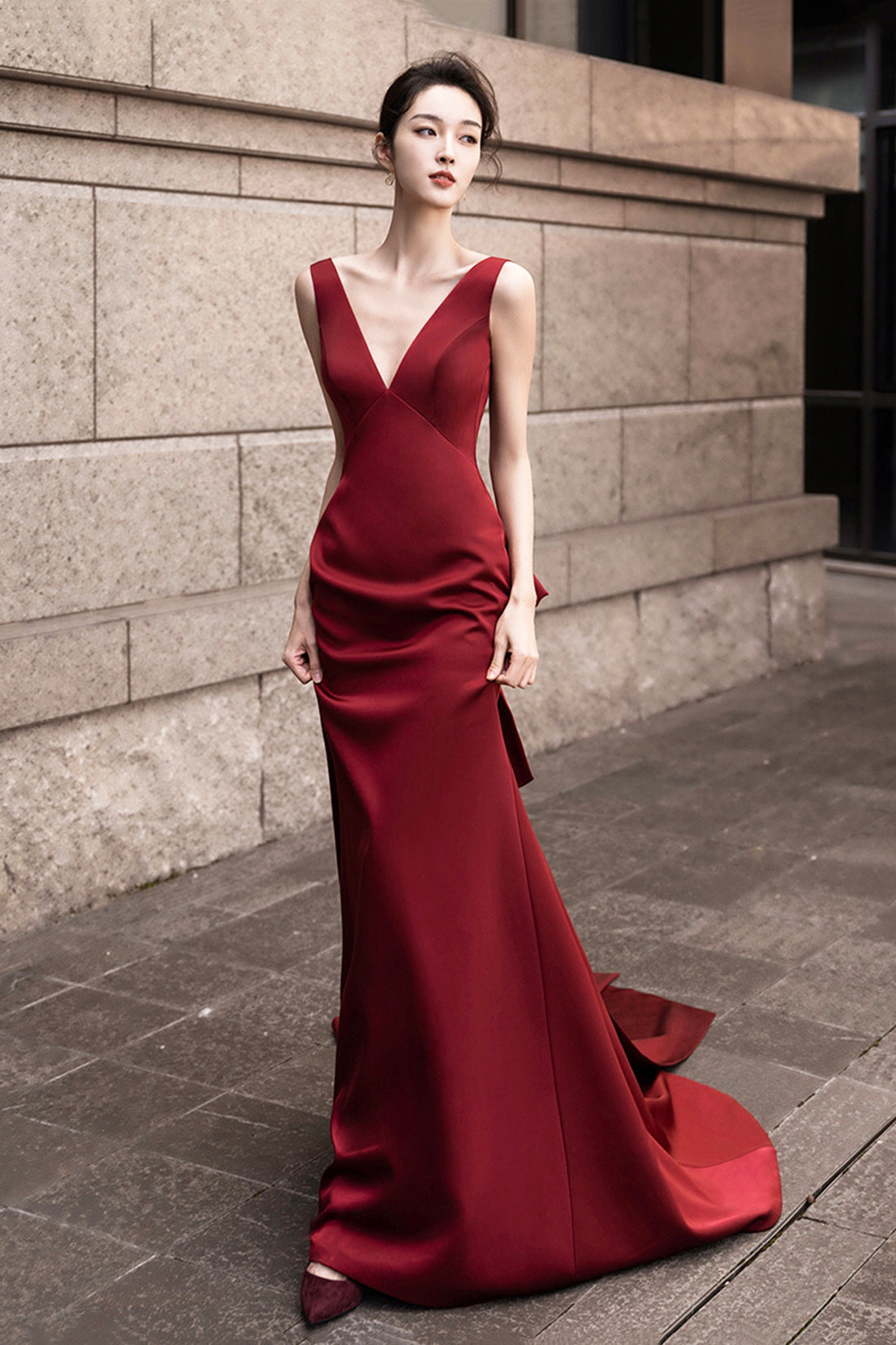 Burgundy V-Neck Satin Long Prom Dress, Burgundy Backless Evening Dress with Bow